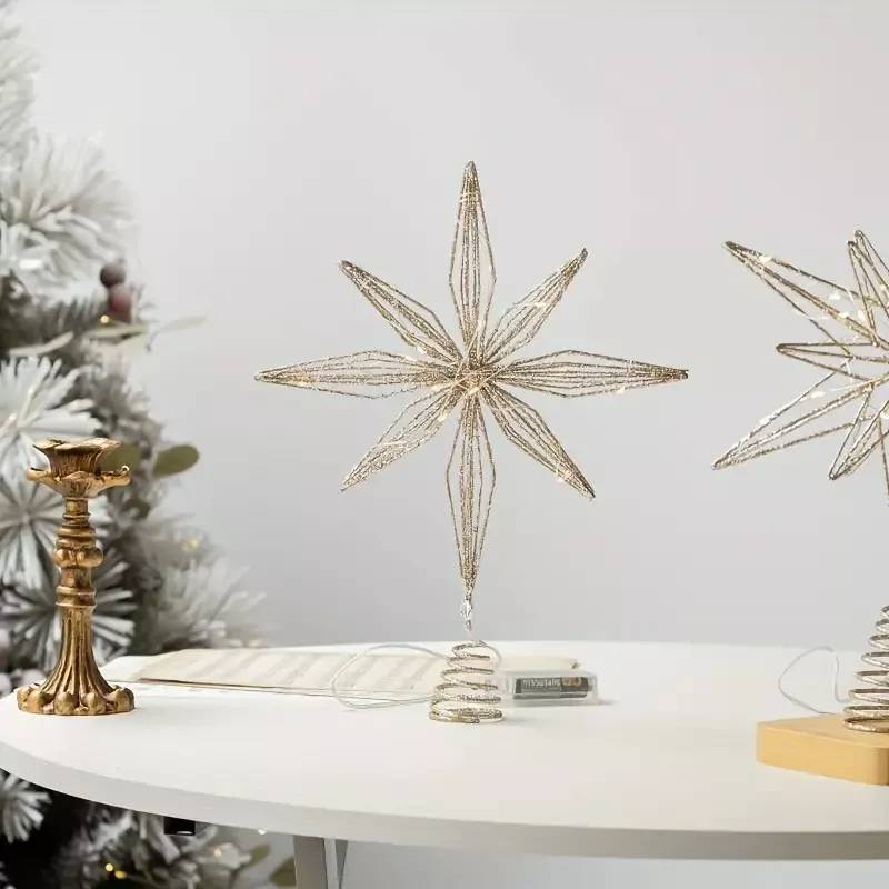 Décoration de sommet d'arbre de flocon de neige LED de noël, lumière chaude, 8 angles, couleur champagne, 25*33CM + 20 lumières - Image 3