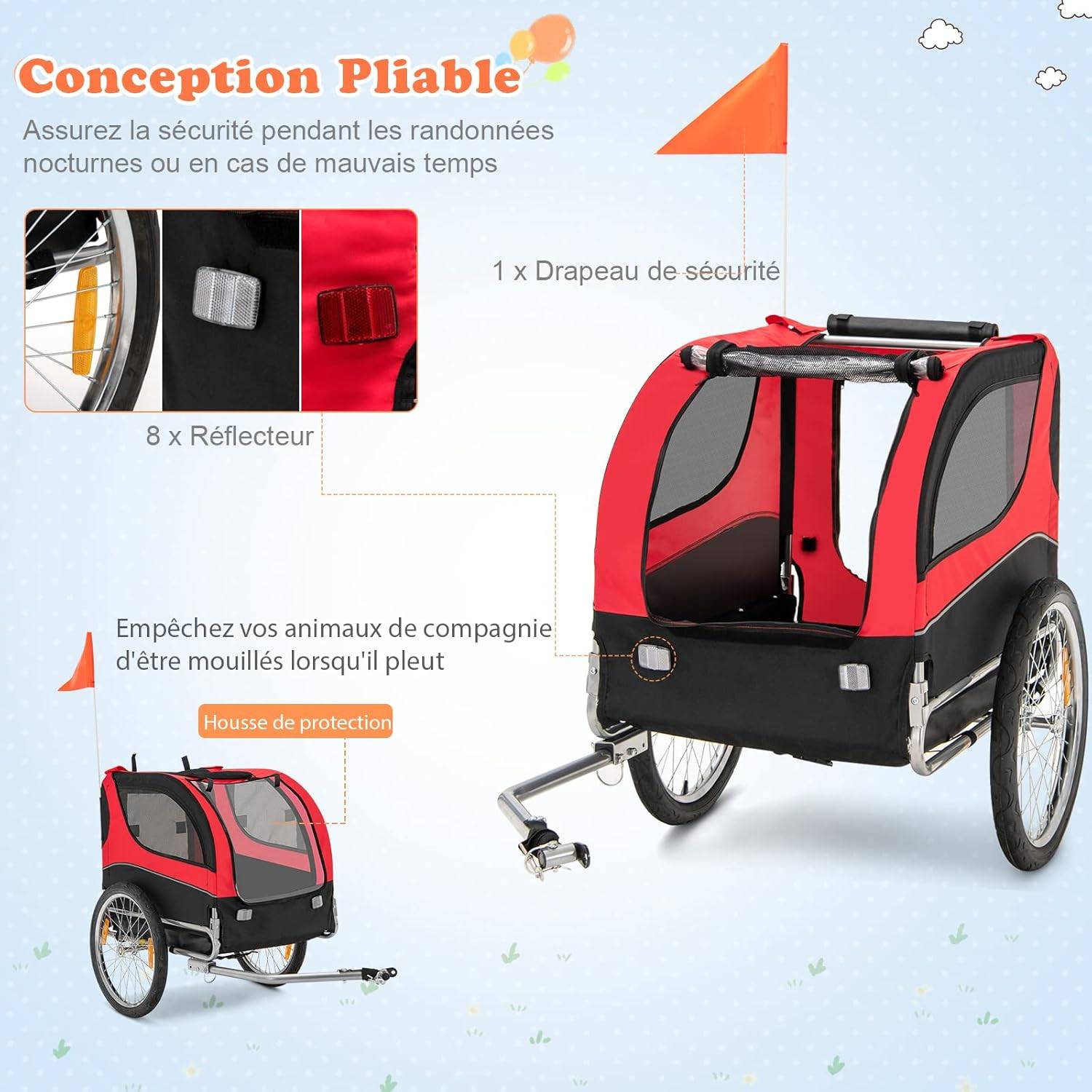Remorque Velo Pliable pour Chien Animaux en Oxford Canvas, Poussette de Transport Chien avec Drapeau, 8 Reflecteurs, Charge Max 40 kg, Rouge - Image 1
