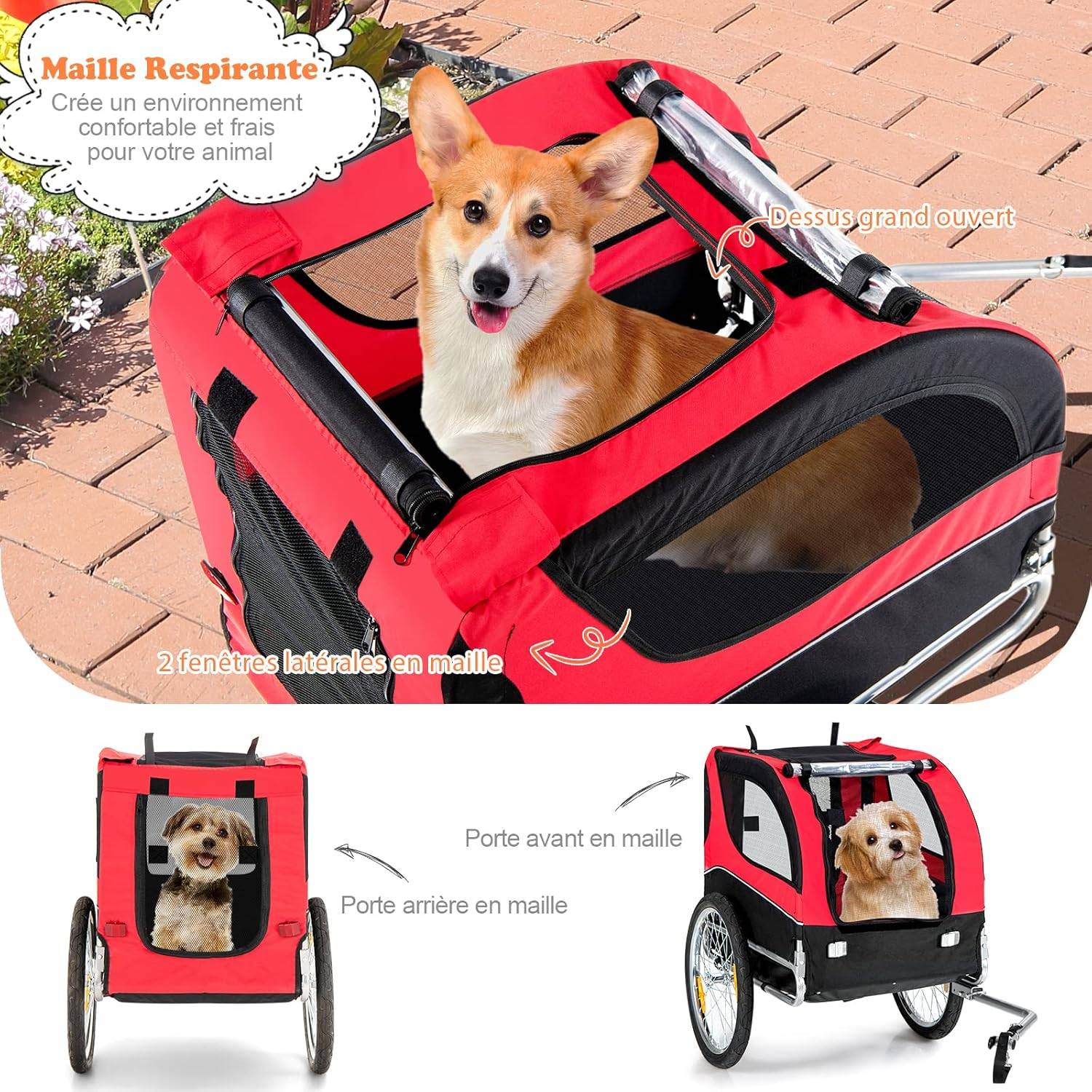 Remorque Velo Pliable pour Chien Animaux en Oxford Canvas, Poussette de Transport Chien avec Drapeau, 8 Reflecteurs, Charge Max 40 kg, Rouge - Image 5