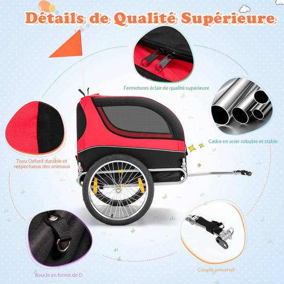 Remorque Velo Pliable pour Chien Animaux en Oxford Canvas, Poussette de Transport Chien avec Drapeau, 8 Reflecteurs, Charge Max 40 kg, Rouge - Image 3