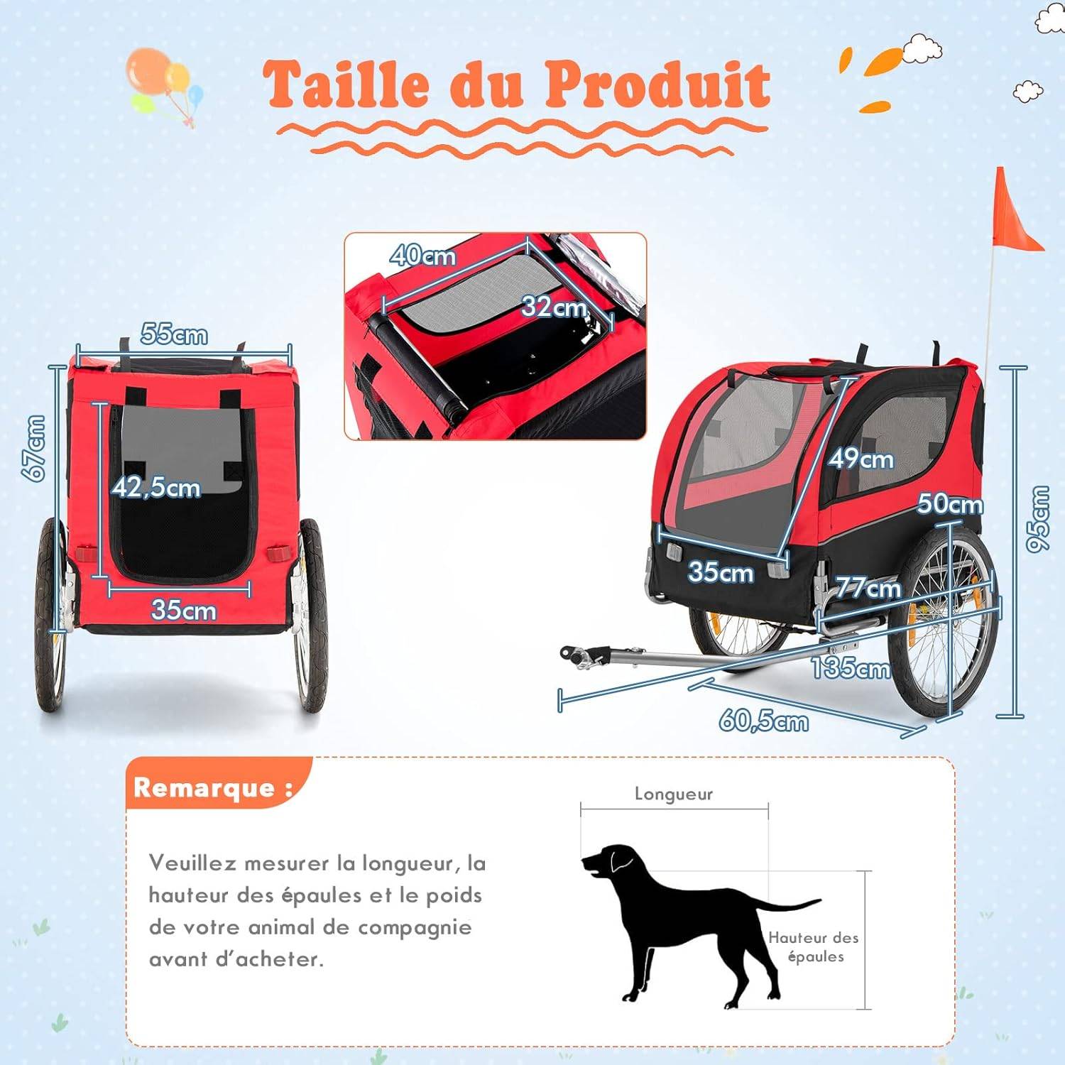 Remorque Velo Pliable pour Chien Animaux en Oxford Canvas, Poussette de Transport Chien avec Drapeau, 8 Reflecteurs, Charge Max 40 kg, Rouge - Image 4