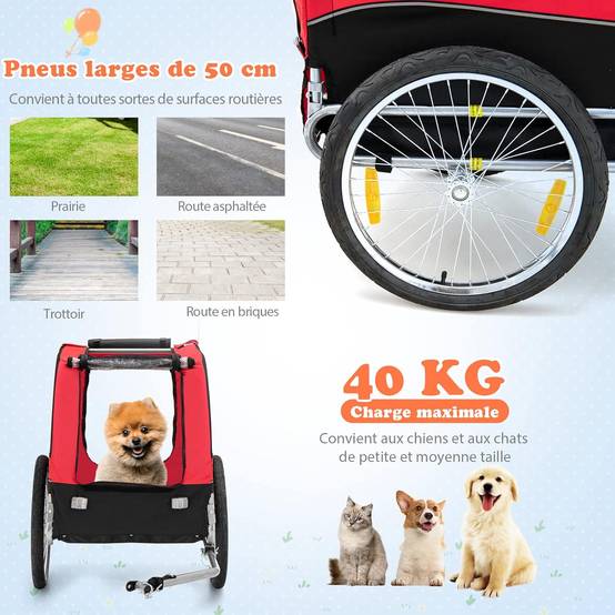 Remorque Velo Pliable pour Chien Animaux en Oxford Canvas, Poussette de Transport Chien avec Drapeau, 8 Reflecteurs, Charge Max 40 kg, Rouge - Image 2