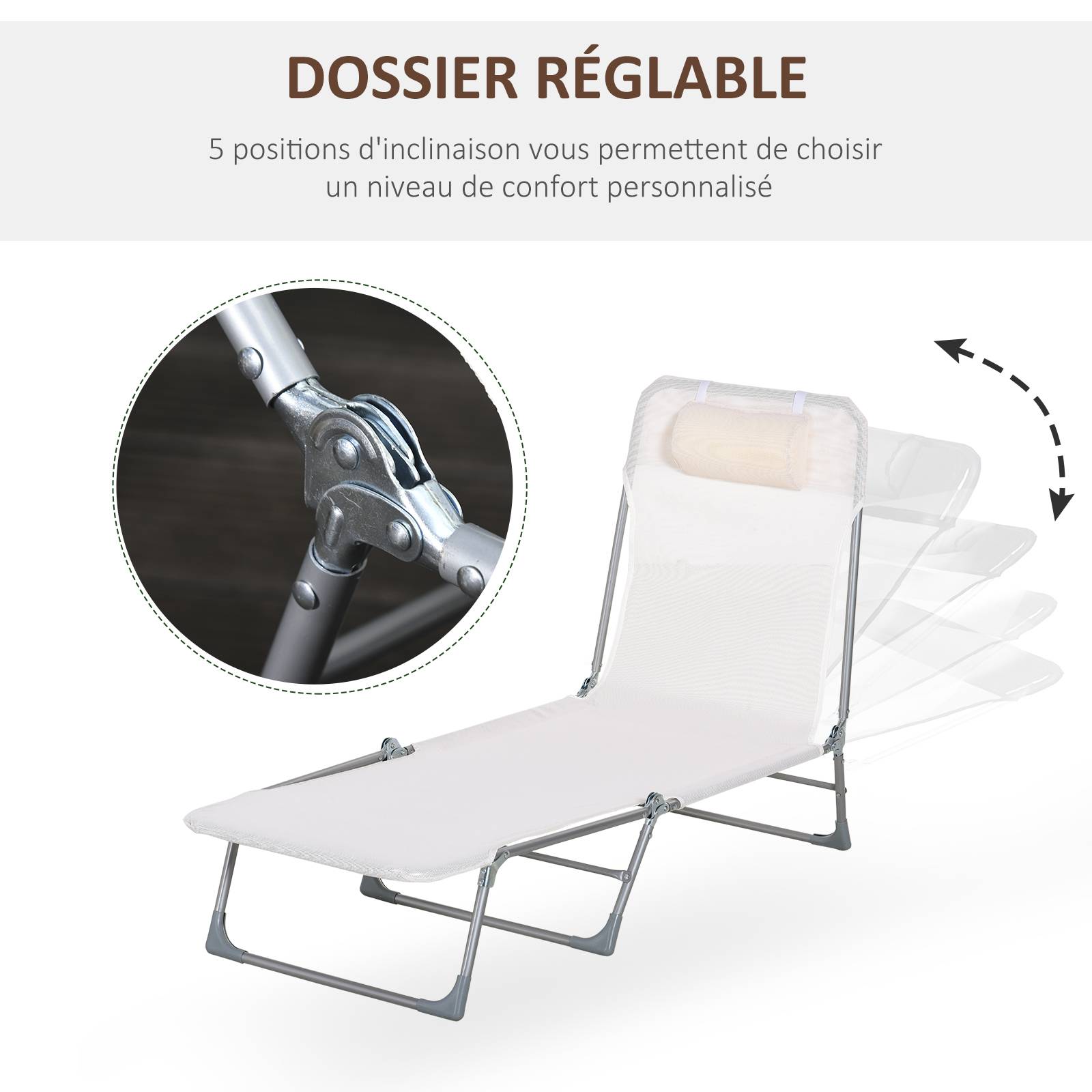 Bain de soleil transat chaise longue inclinable pliable avec oreiller dossier réglable sur 5 niveaux crème - Image 8