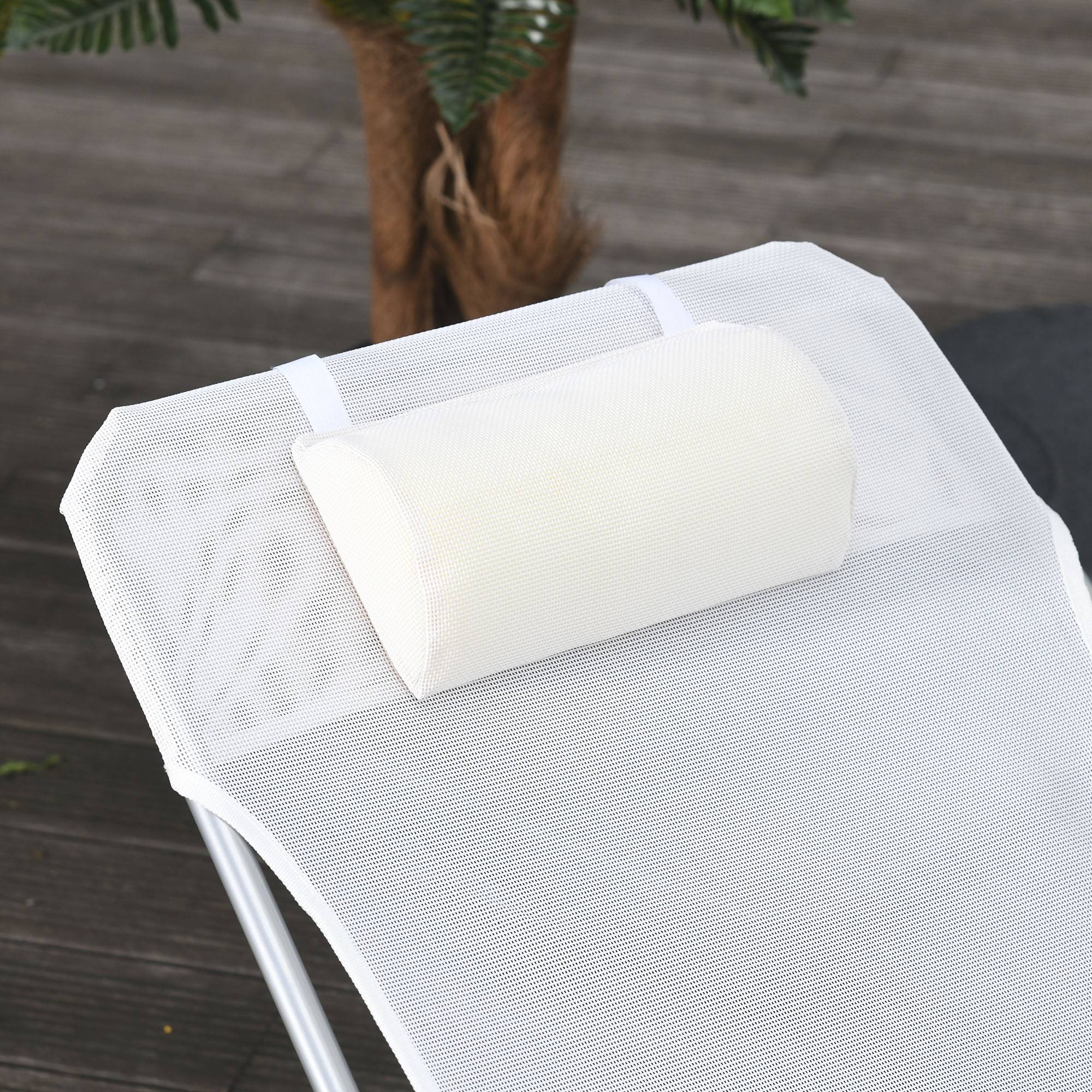 Bain de soleil transat chaise longue inclinable pliable avec oreiller dossier réglable sur 5 niveaux crème - Image 9