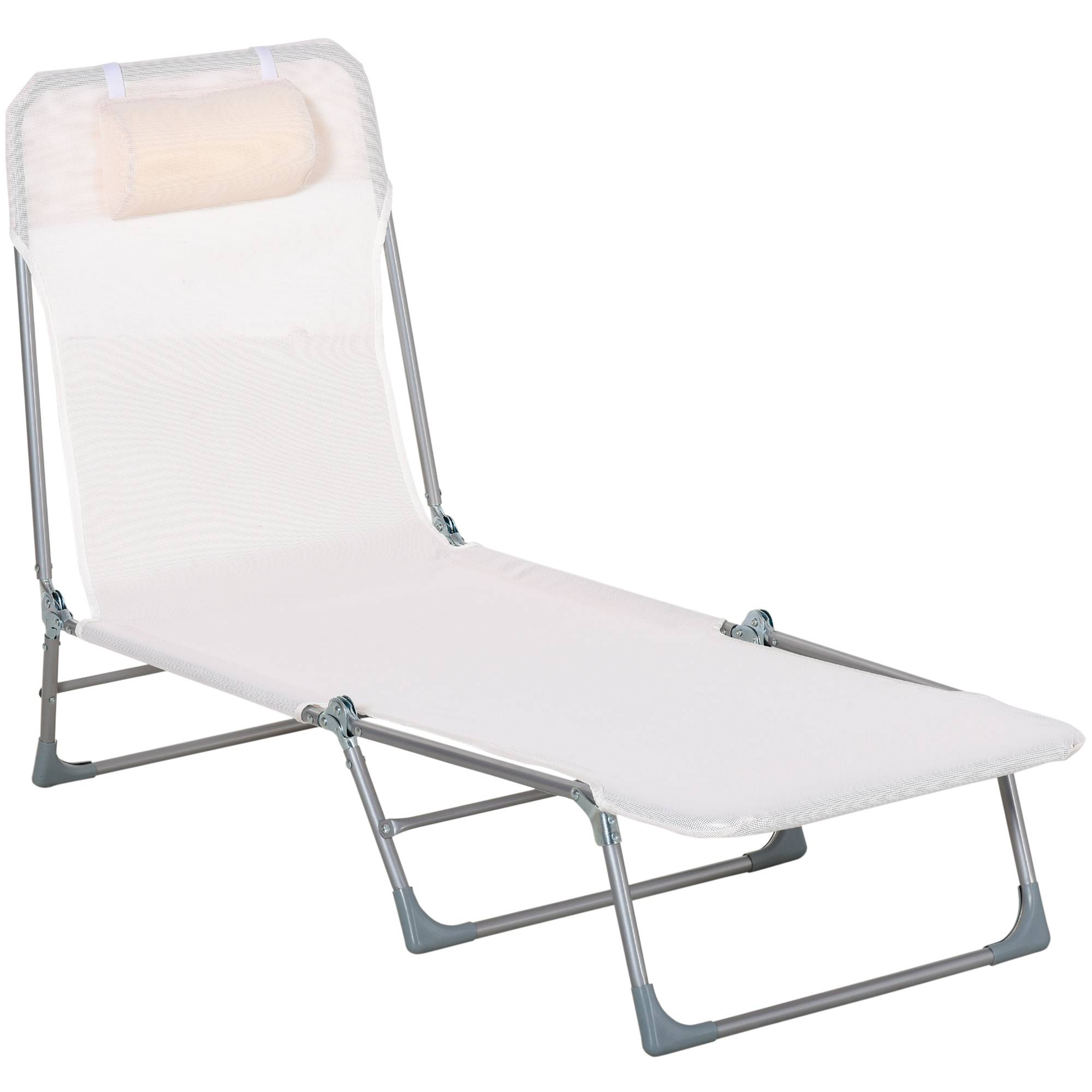 Bain de soleil transat chaise longue inclinable pliable avec oreiller dossier réglable sur 5 niveaux crème - Image 1