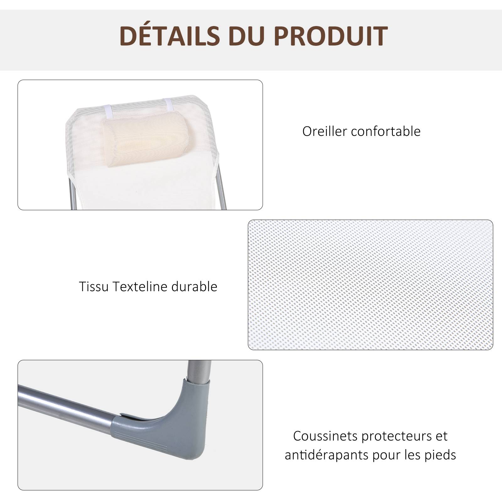 Bain de soleil transat chaise longue inclinable pliable avec oreiller dossier réglable sur 5 niveaux crème - Image 7