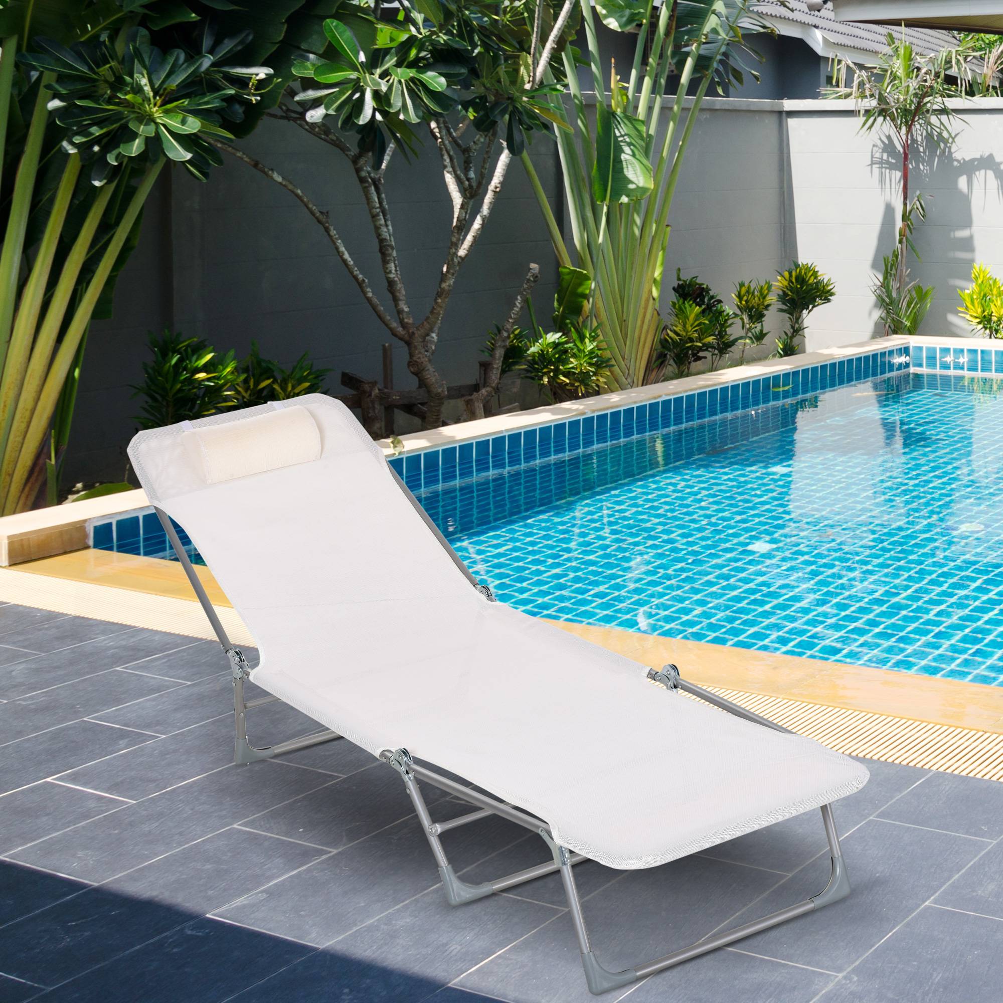 Bain de soleil transat chaise longue inclinable pliable avec oreiller dossier réglable sur 5 niveaux crème - Image 3