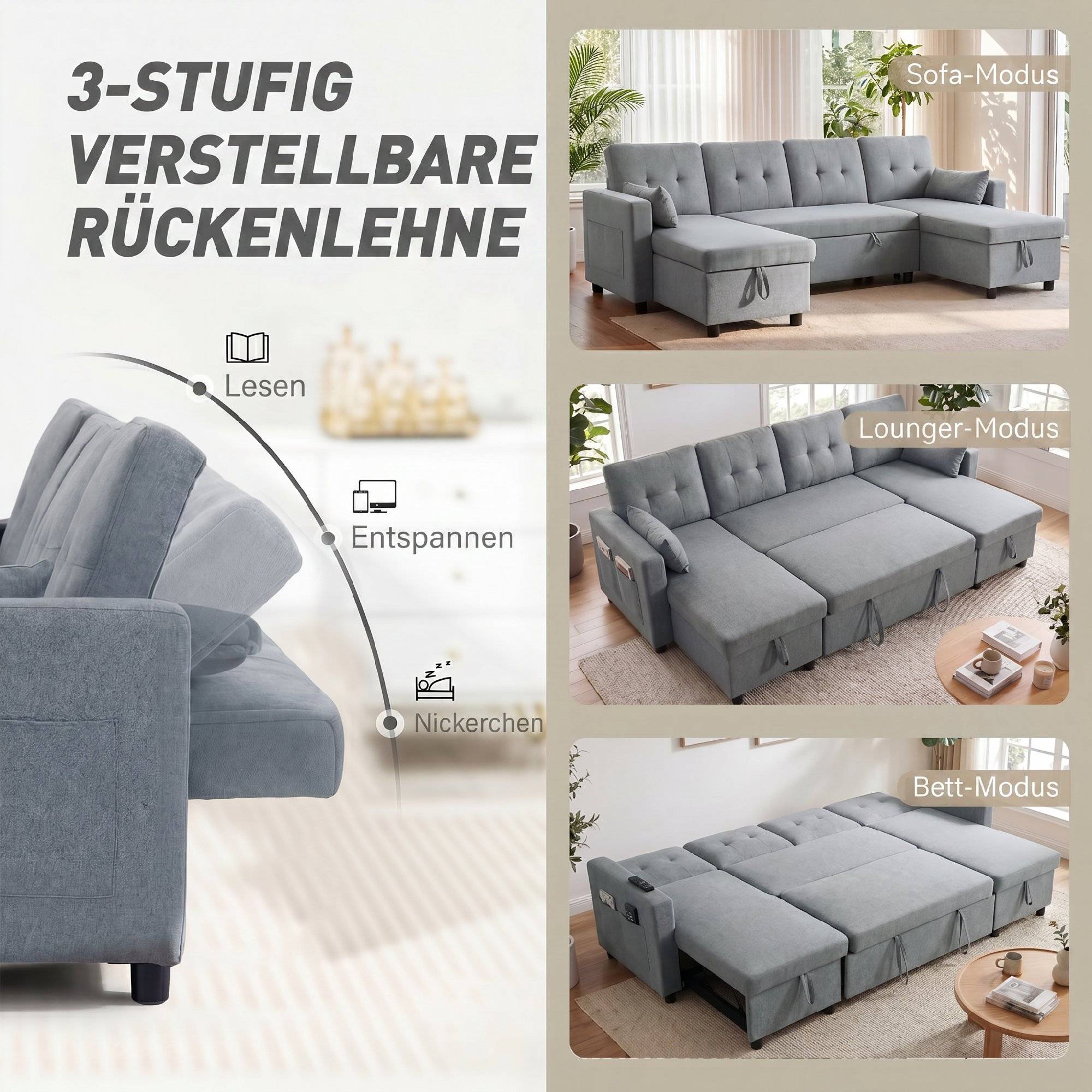 Canapé d'angle convertible avec compartiment de rangement, canapé 4 places en forme de U avec méridienne, dossier réglable, aspect lin - Image 6