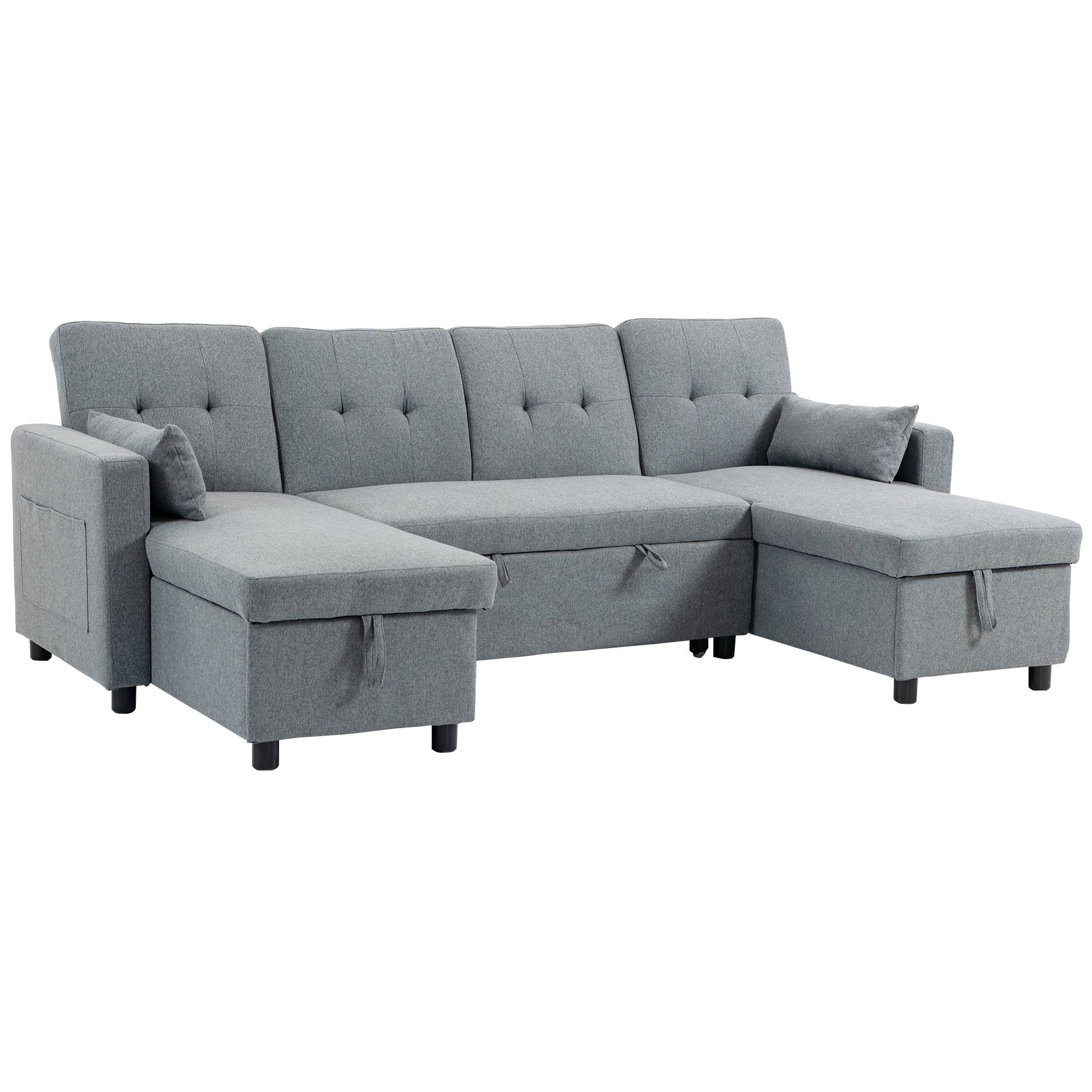Canapé d'angle convertible avec compartiment de rangement, canapé 4 places en forme de U avec méridienne, dossier réglable, aspect lin - Image 2