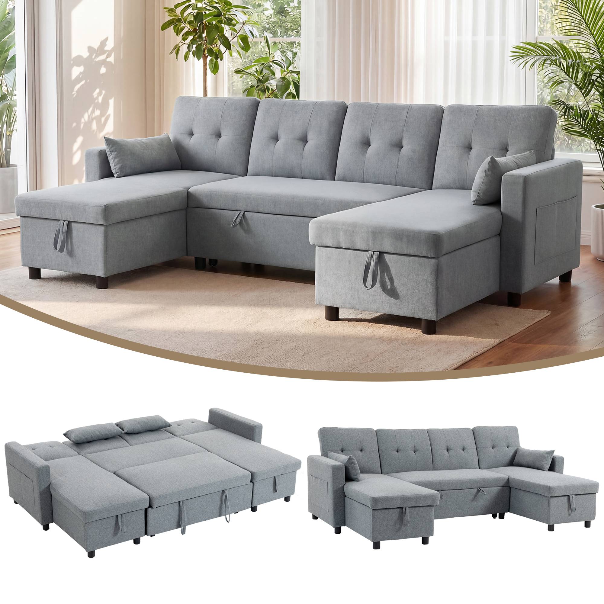 Canapé d'angle convertible avec compartiment de rangement, canapé 4 places en forme de U avec méridienne, dossier réglable, aspect lin - Image 1