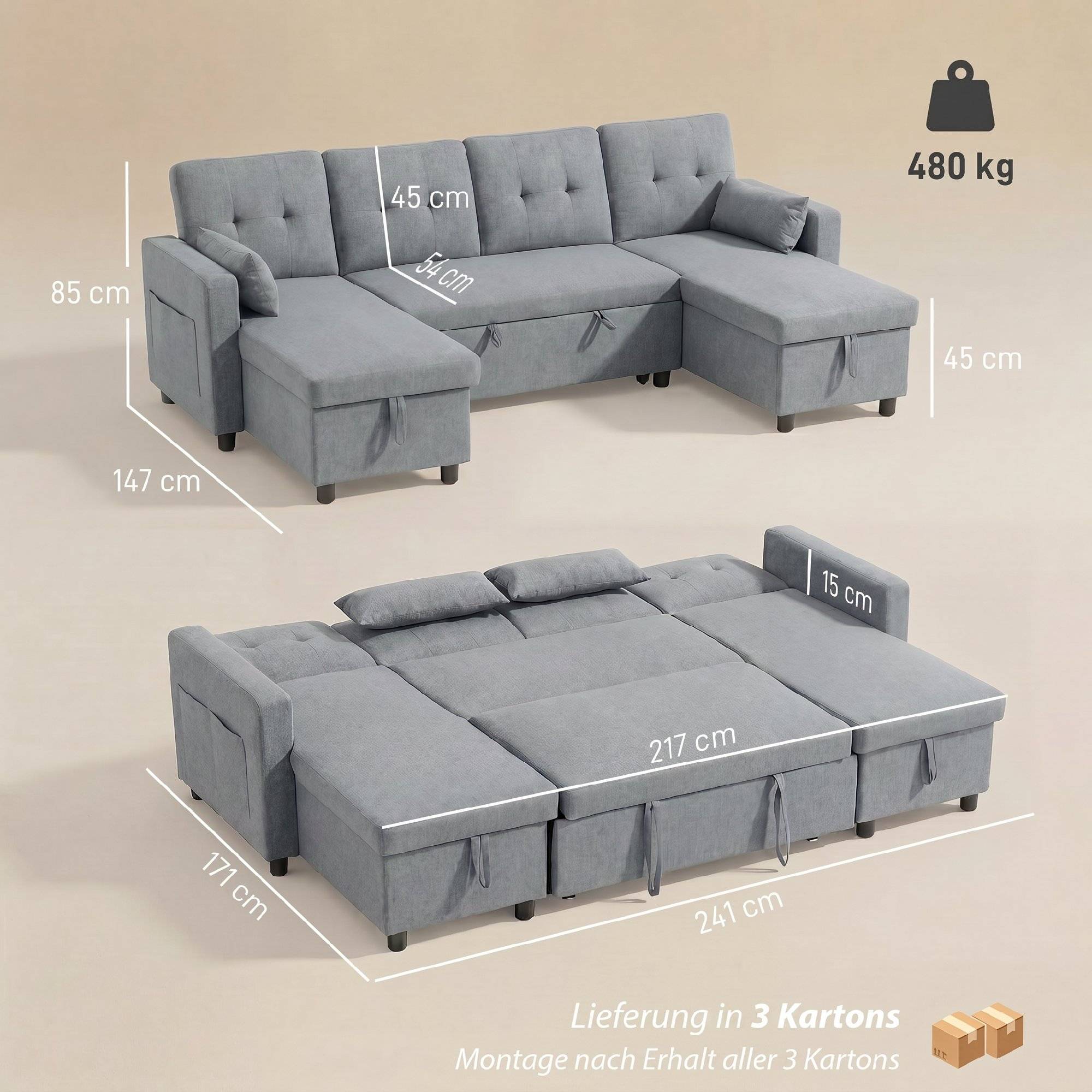 Canapé d'angle convertible avec compartiment de rangement, canapé 4 places en forme de U avec méridienne, dossier réglable, aspect lin - Image 5