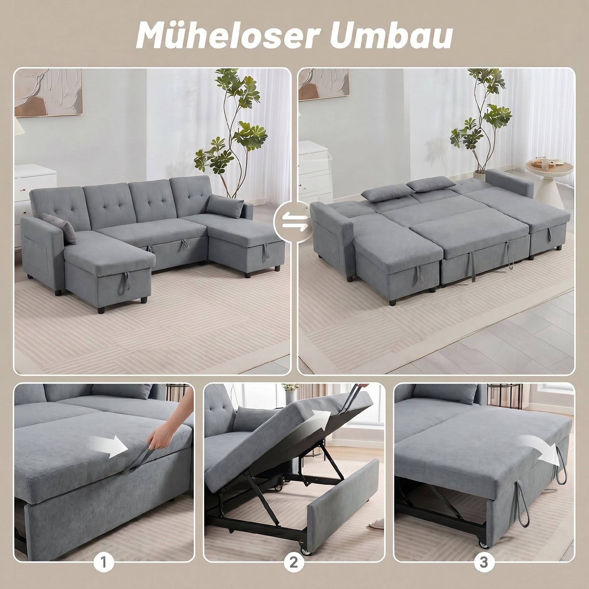 Canapé d'angle convertible avec compartiment de rangement, canapé 4 places en forme de U avec méridienne, dossier réglable, aspect lin - Image 7