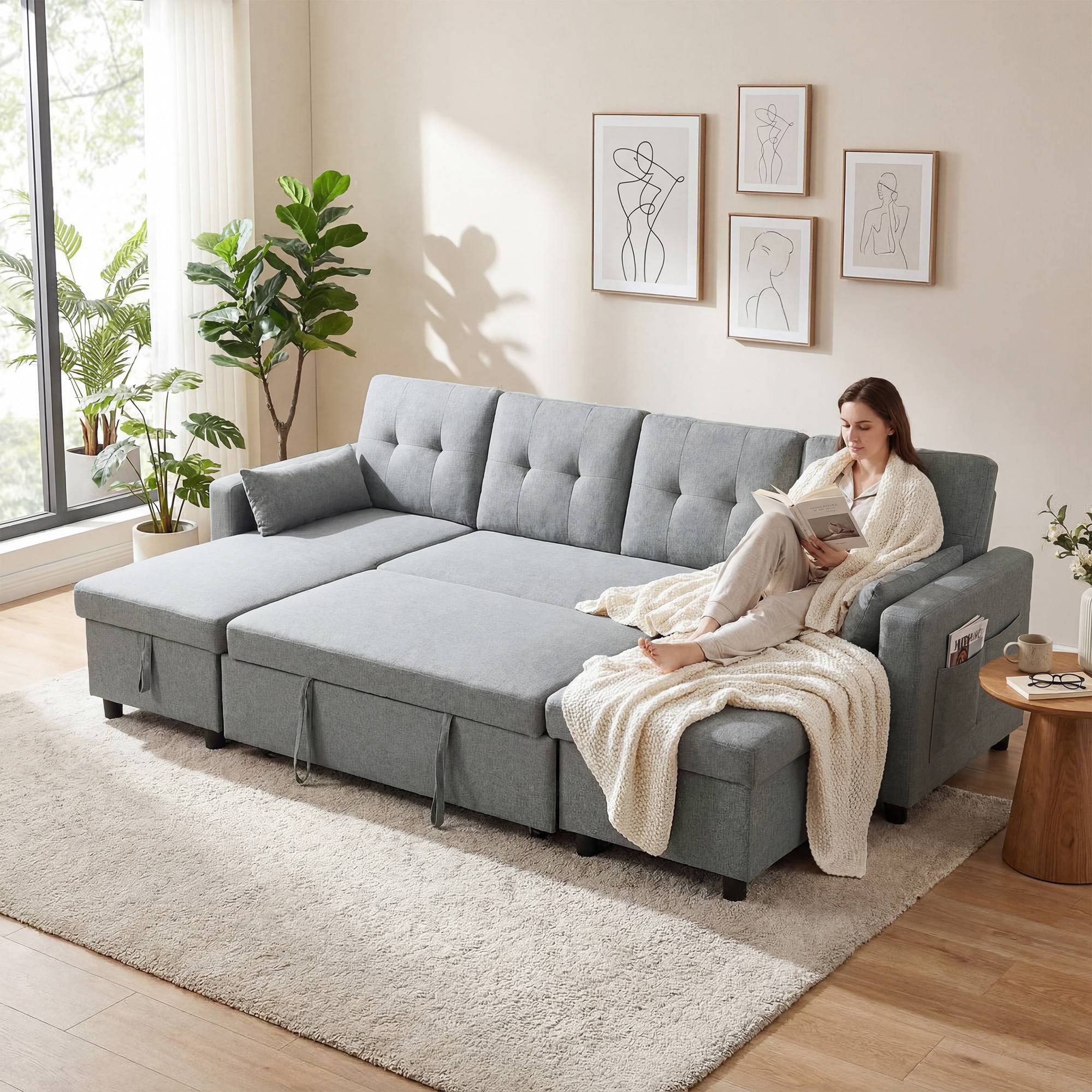 Canapé d'angle convertible avec compartiment de rangement, canapé 4 places en forme de U avec méridienne, dossier réglable, aspect lin - Image 10