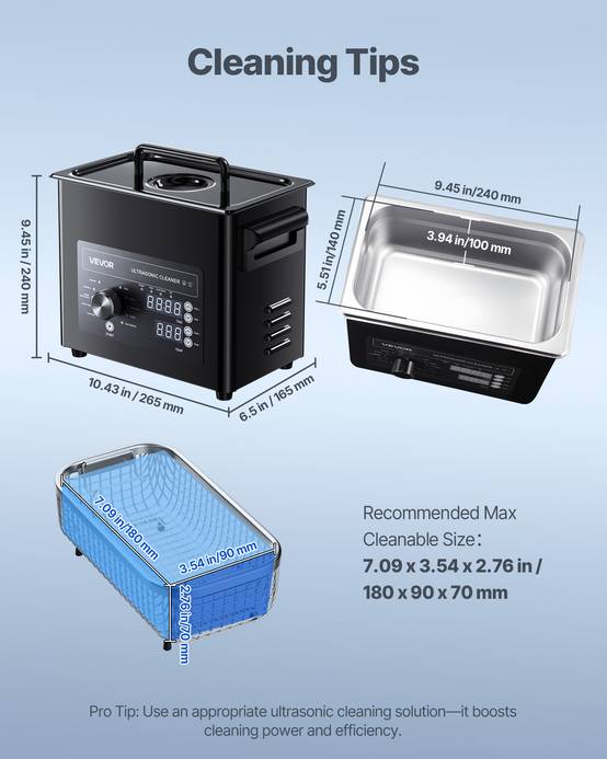 Vevor - VEVOR Nettoyeur à ultrasons 3 L, inox 304, 40 kHz, 2 transducteurs, minuterie 0–90 min, panier et boule de nettoyage, noir. - Image 6