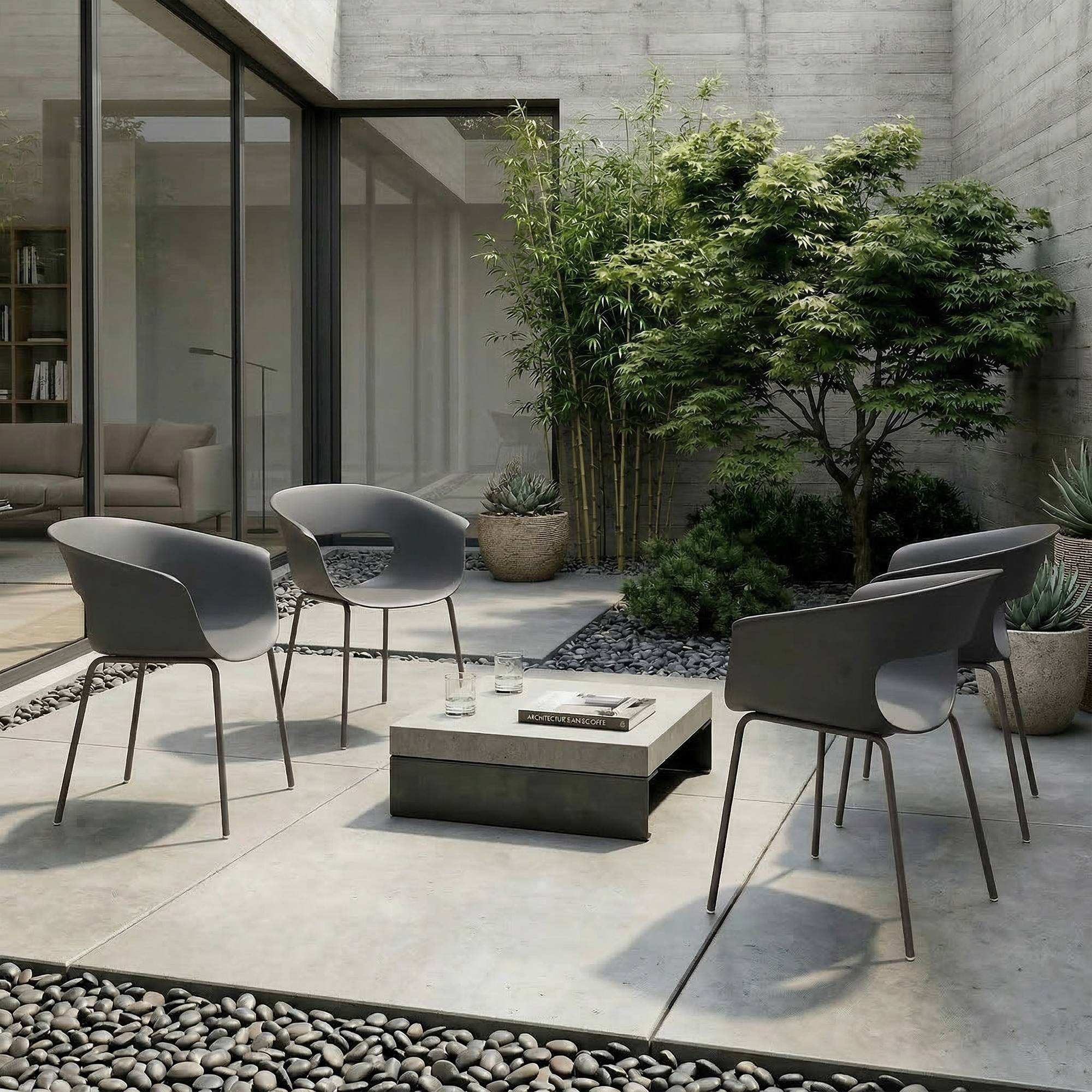 Ensemble de 4 chaises de jardin ergonomiques, design ajouré avec accoudoirs, gris foncé - Image 4