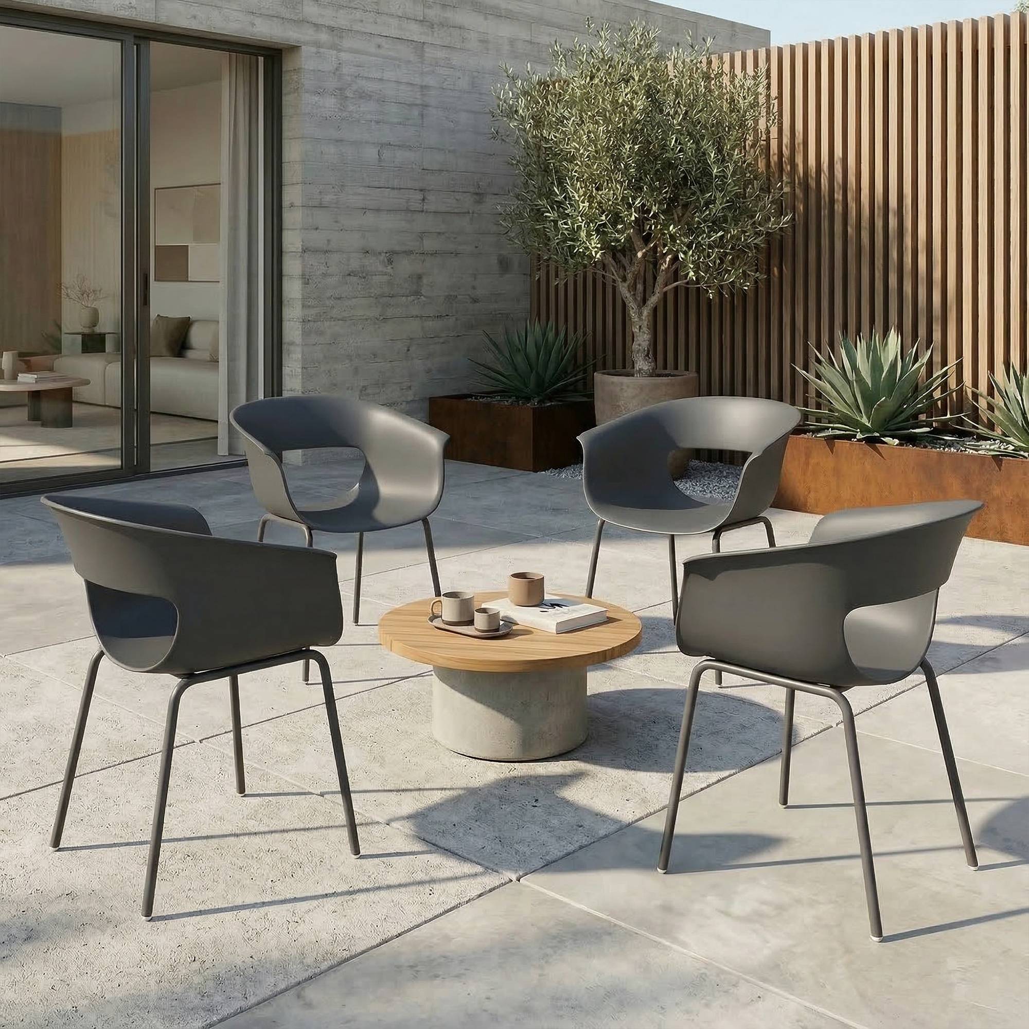 Ensemble de 4 chaises de jardin ergonomiques, design ajouré avec accoudoirs, gris foncé - Image 3