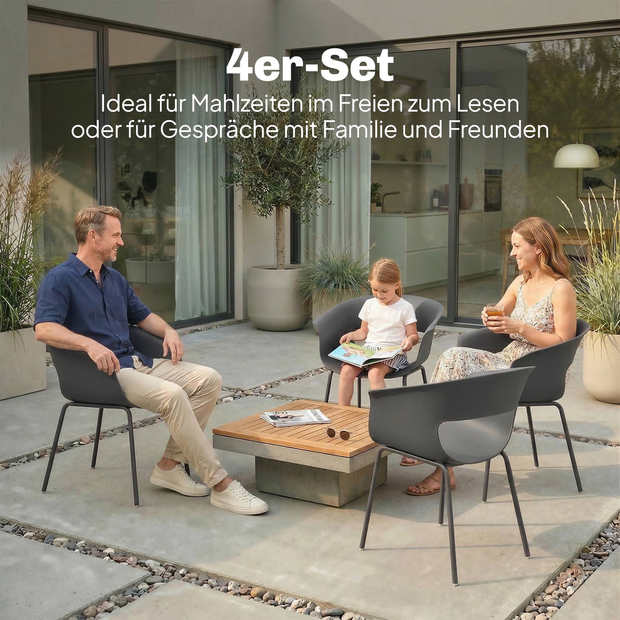 Ensemble de 4 chaises de jardin ergonomiques, design ajouré avec accoudoirs, gris foncé - Image 6