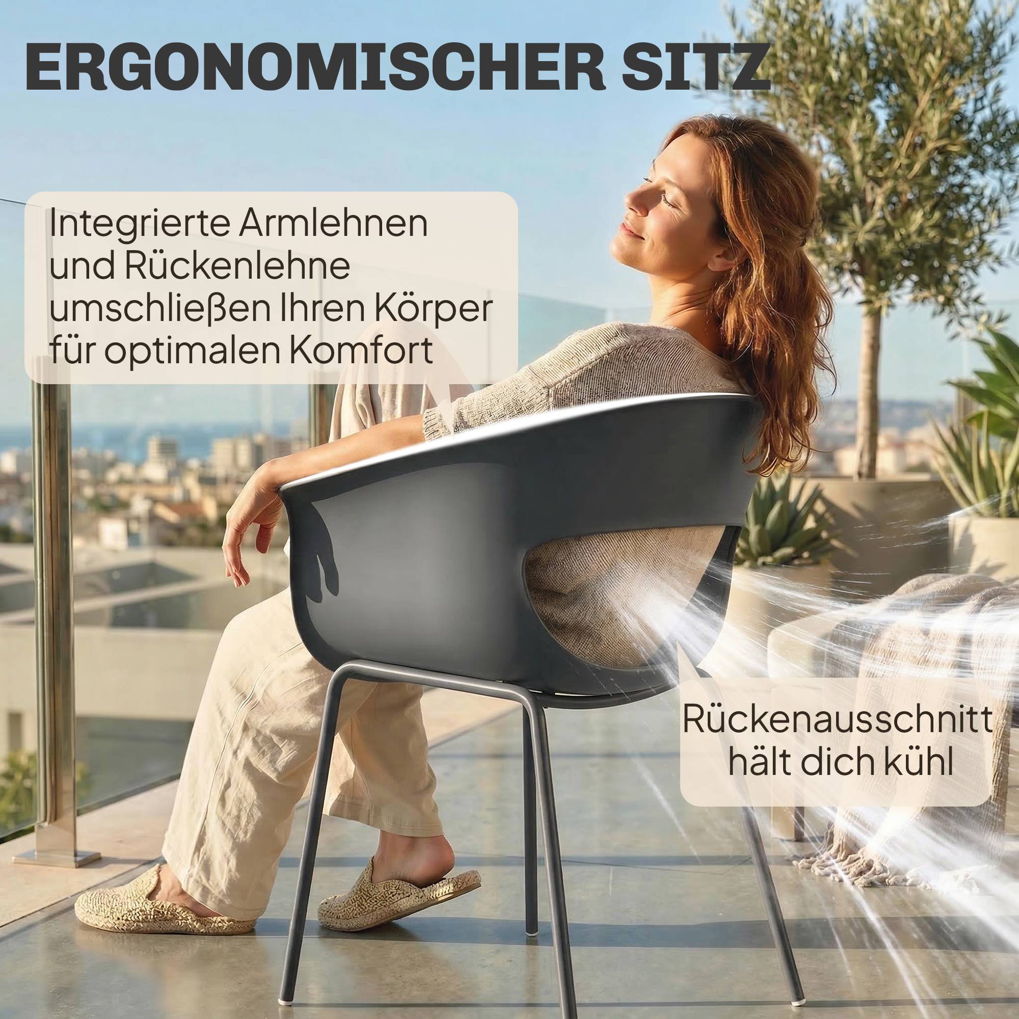 Ensemble de 4 chaises de jardin ergonomiques, design ajouré avec accoudoirs, gris foncé - Image 7
