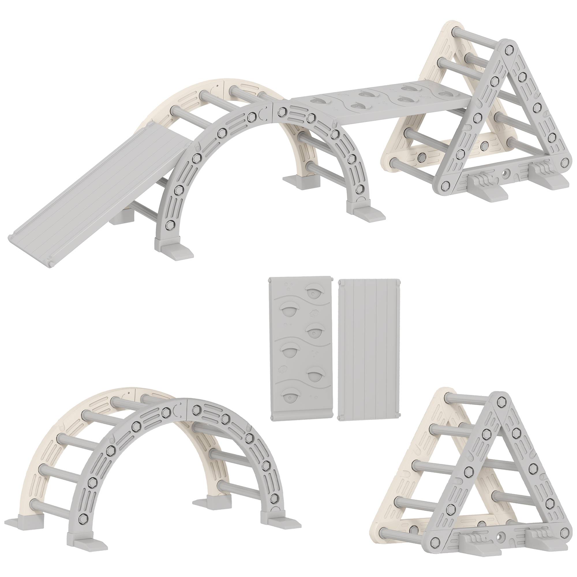 8 en 1 Triangle escalade enfants, arc d'escalade, rampe double-face pour grimper & glisser, 279 x 80 x 69 cm, gris