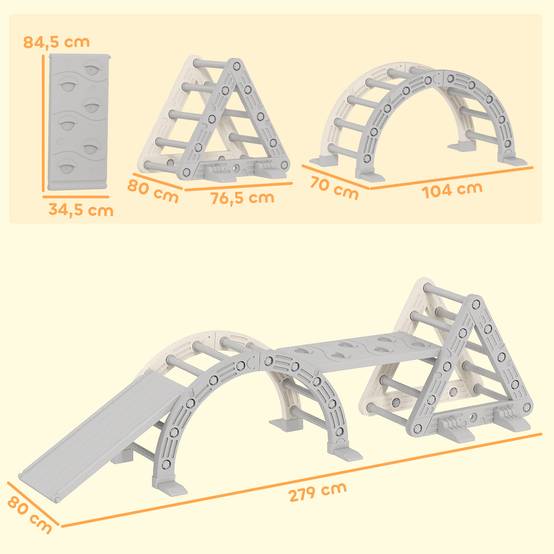 8 en 1 Triangle escalade enfants, arc d'escalade, rampe double-face pour grimper & glisser, 279 x 80 x 69 cm, gris - Image 5