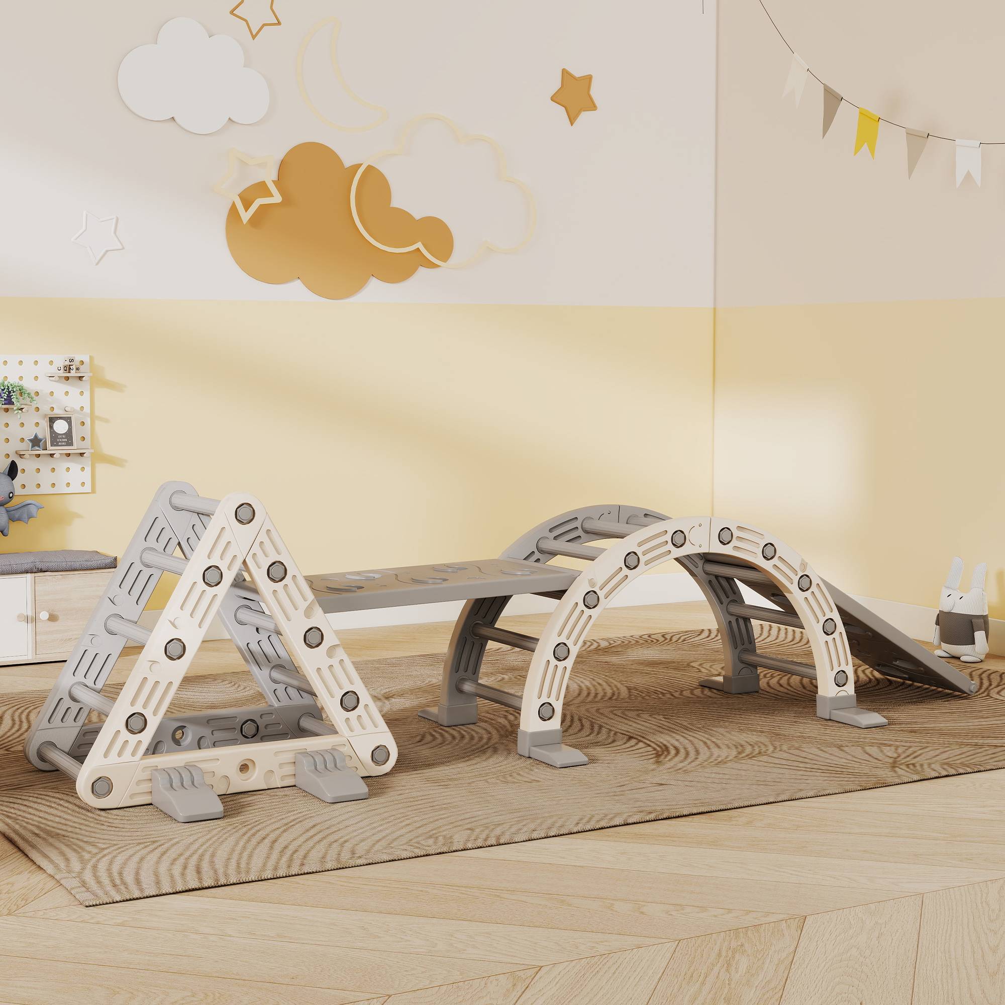 8 en 1 Triangle escalade enfants, arc d'escalade, rampe double-face pour grimper & glisser, 279 x 80 x 69 cm, gris - Image 4