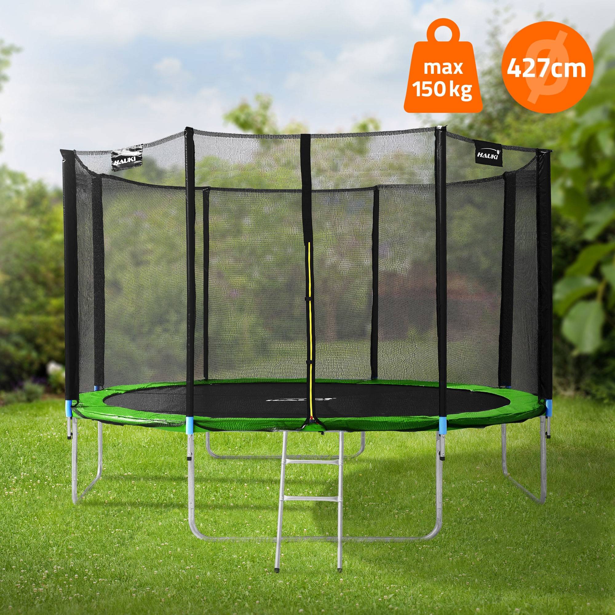 Trampoline de jardin avec filet de sécurité et échelle set complet vert Ø 427 cm - Image 2