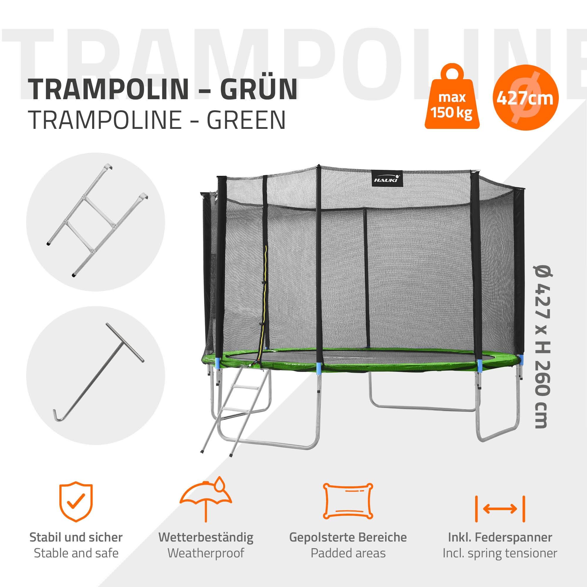 Trampoline de jardin avec filet de sécurité et échelle set complet vert Ø 427 cm - Image 3