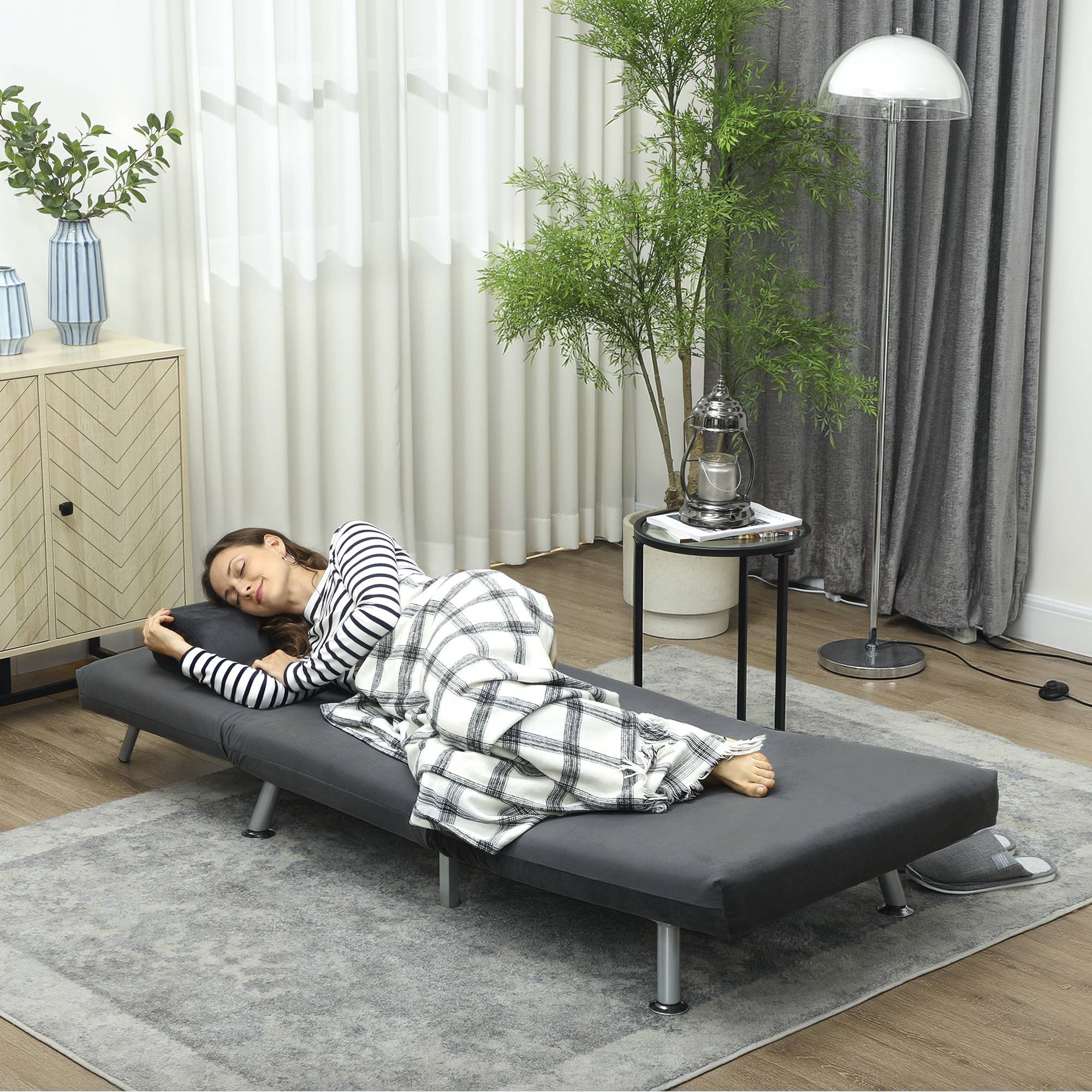 Fauteuil convertible en lit, inclinable pliable aspect velours, dossier réglable, 75 x 70 x 75 cm, gris foncé - Image 10