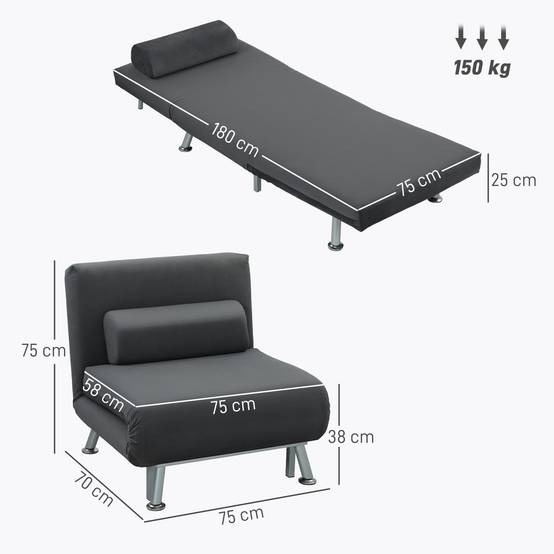 Fauteuil convertible en lit, inclinable pliable aspect velours, dossier réglable, 75 x 70 x 75 cm, gris foncé - Image 5
