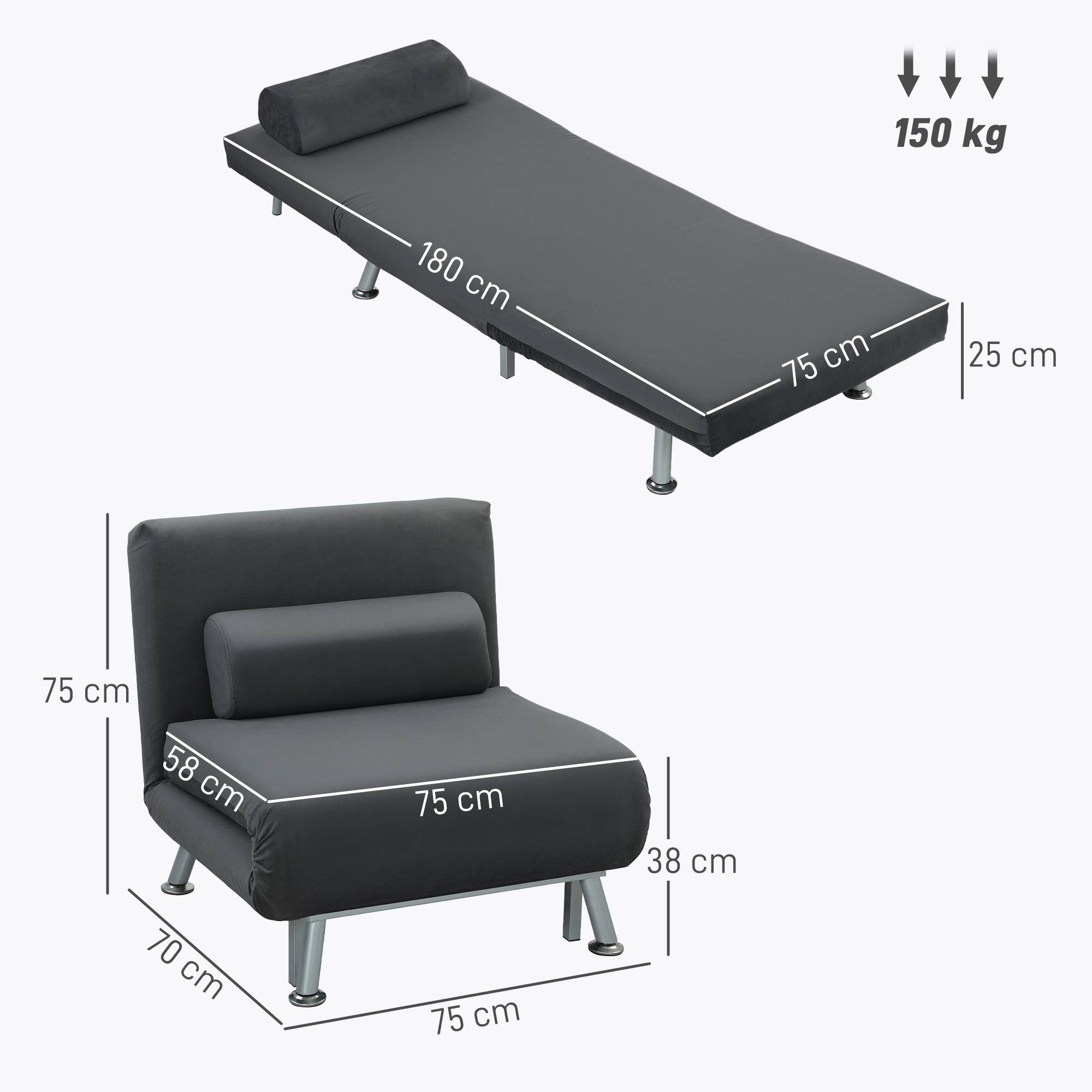 Fauteuil convertible en lit, inclinable pliable aspect velours, dossier réglable, 75 x 70 x 75 cm, gris foncé - Image 5