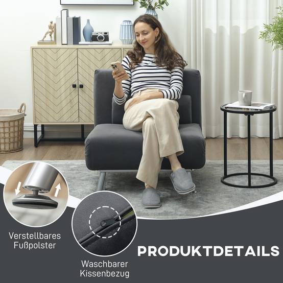 Fauteuil convertible en lit, inclinable pliable aspect velours, dossier réglable, 75 x 70 x 75 cm, gris foncé - Image 9