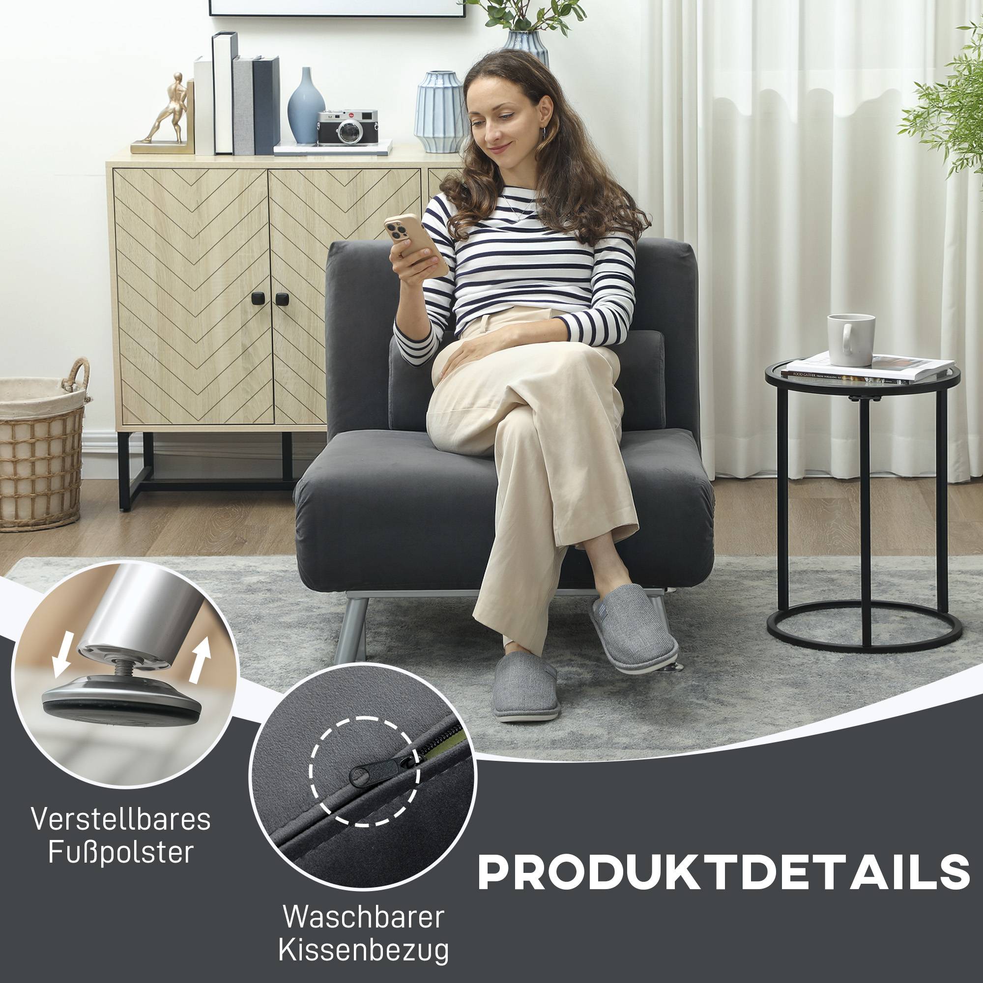Fauteuil convertible en lit, inclinable pliable aspect velours, dossier réglable, 75 x 70 x 75 cm, gris foncé - Image 9