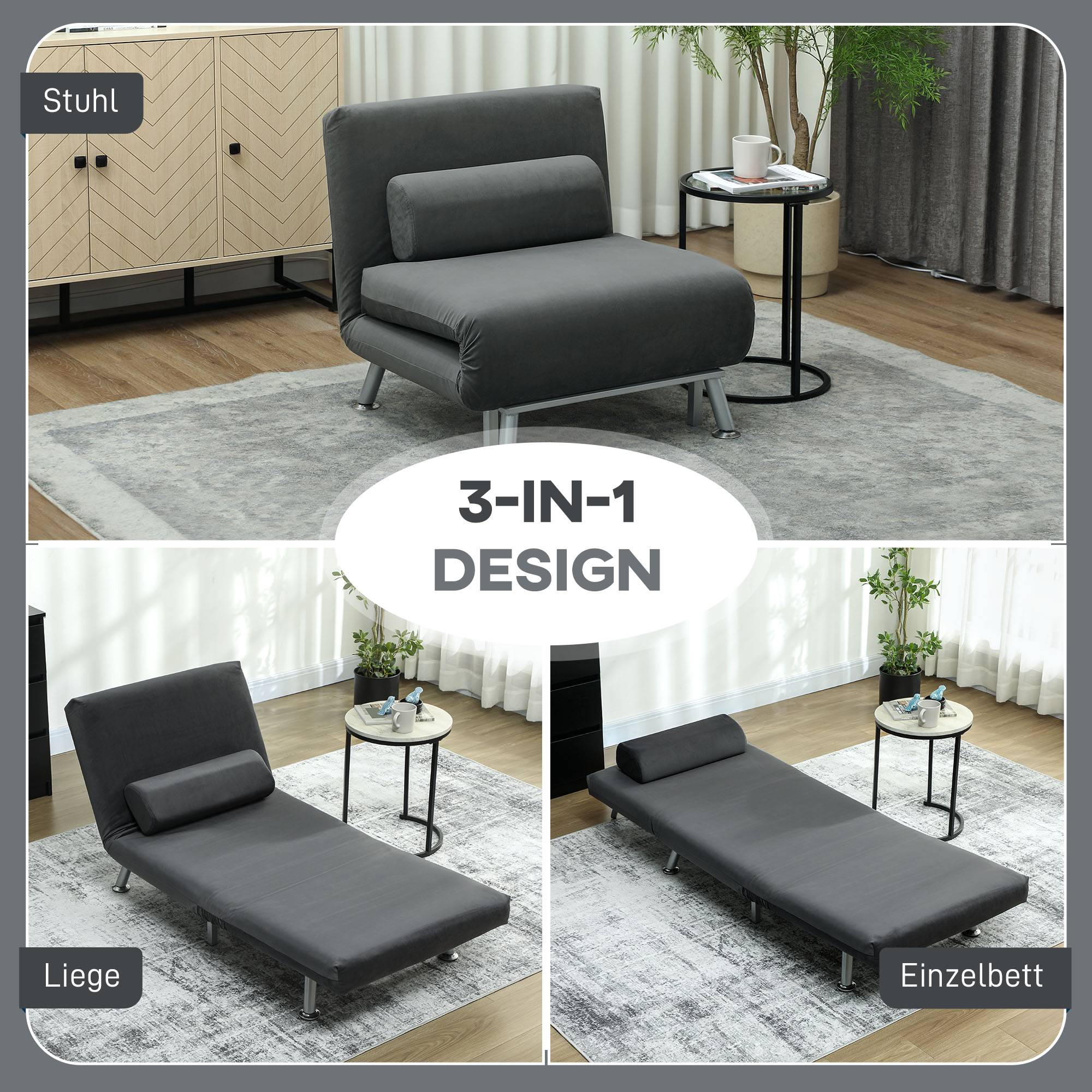 Fauteuil convertible en lit, inclinable pliable aspect velours, dossier réglable, 75 x 70 x 75 cm, gris foncé - Image 6