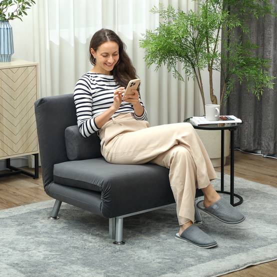 Fauteuil convertible en lit, inclinable pliable aspect velours, dossier réglable, 75 x 70 x 75 cm, gris foncé - Image 3