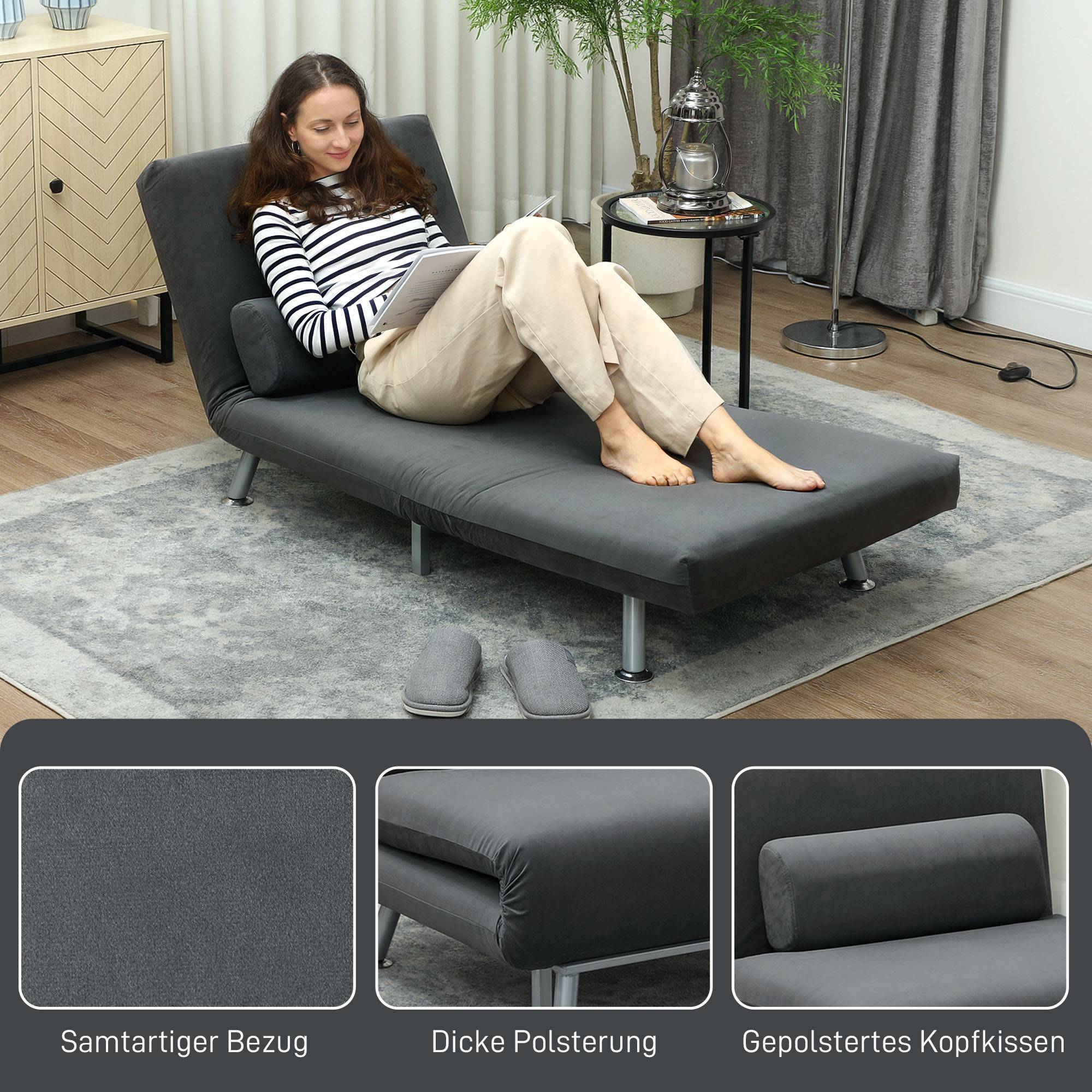 Fauteuil convertible en lit, inclinable pliable aspect velours, dossier réglable, 75 x 70 x 75 cm, gris foncé - Image 8