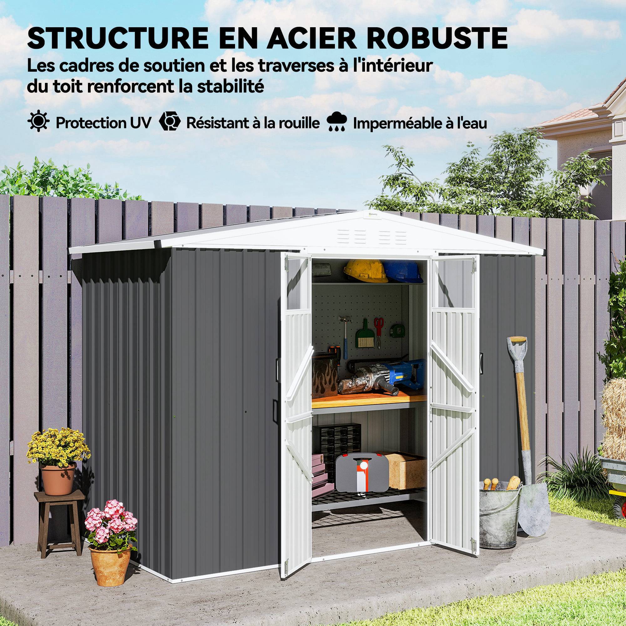 Abri de jardin en métal 2,7 m² avec fenêtre, 4 évents et porte verrouillable, 246 x 117 x 180 cm, gris - Image 8
