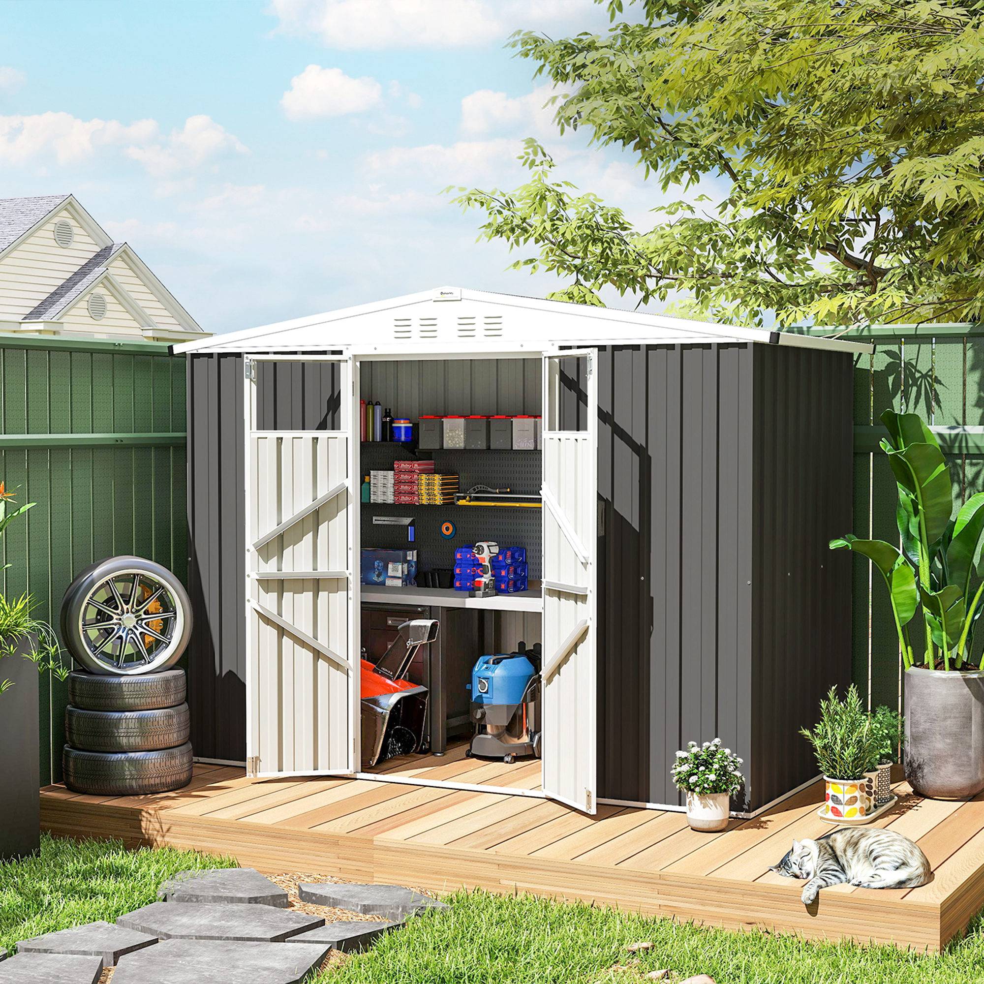 Abri de jardin en métal 2,7 m² avec fenêtre, 4 évents et porte verrouillable, 246 x 117 x 180 cm, gris - Image 4