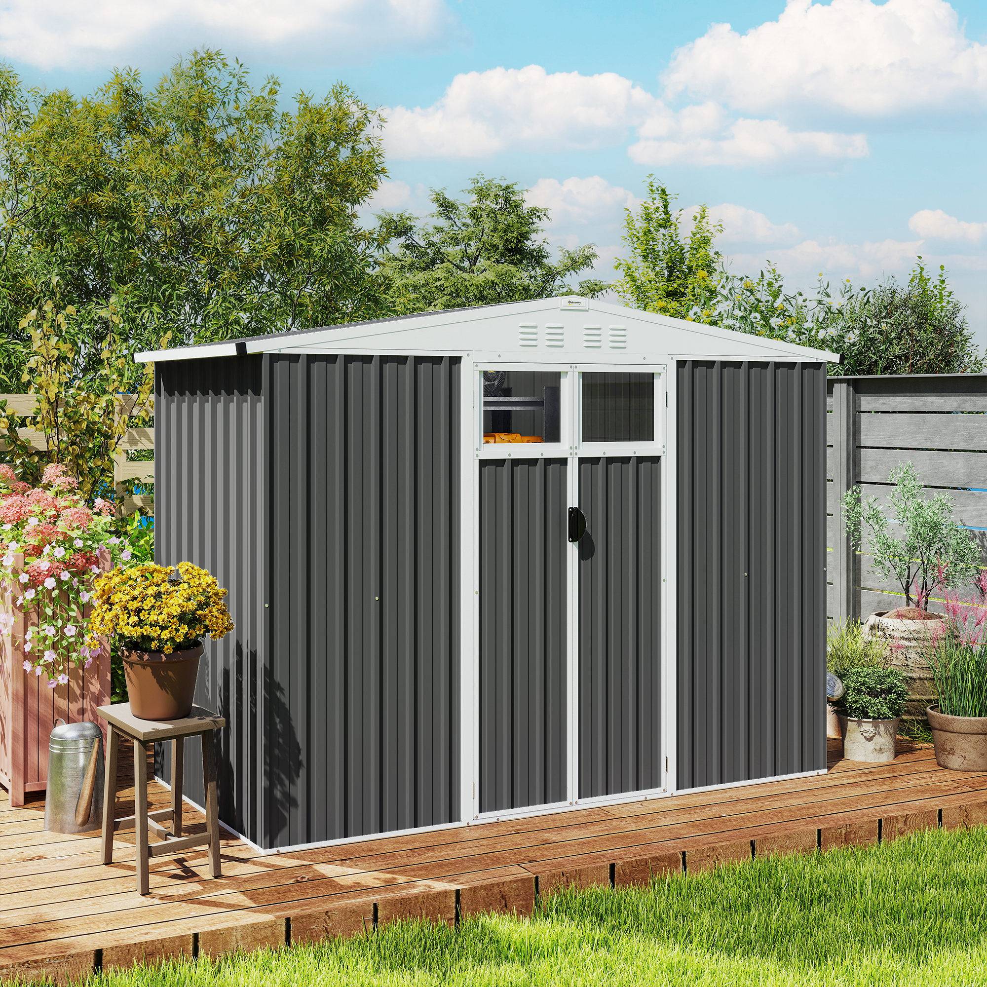Abri de jardin en métal 2,7 m² avec fenêtre, 4 évents et porte verrouillable, 246 x 117 x 180 cm, gris - Image 10