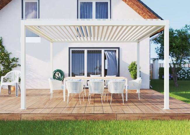 Pergola Bioclimatique Aluminium Autoportante Motorisée Éclairée 4x3,5 Blanc SV ORIAL France - Image 1