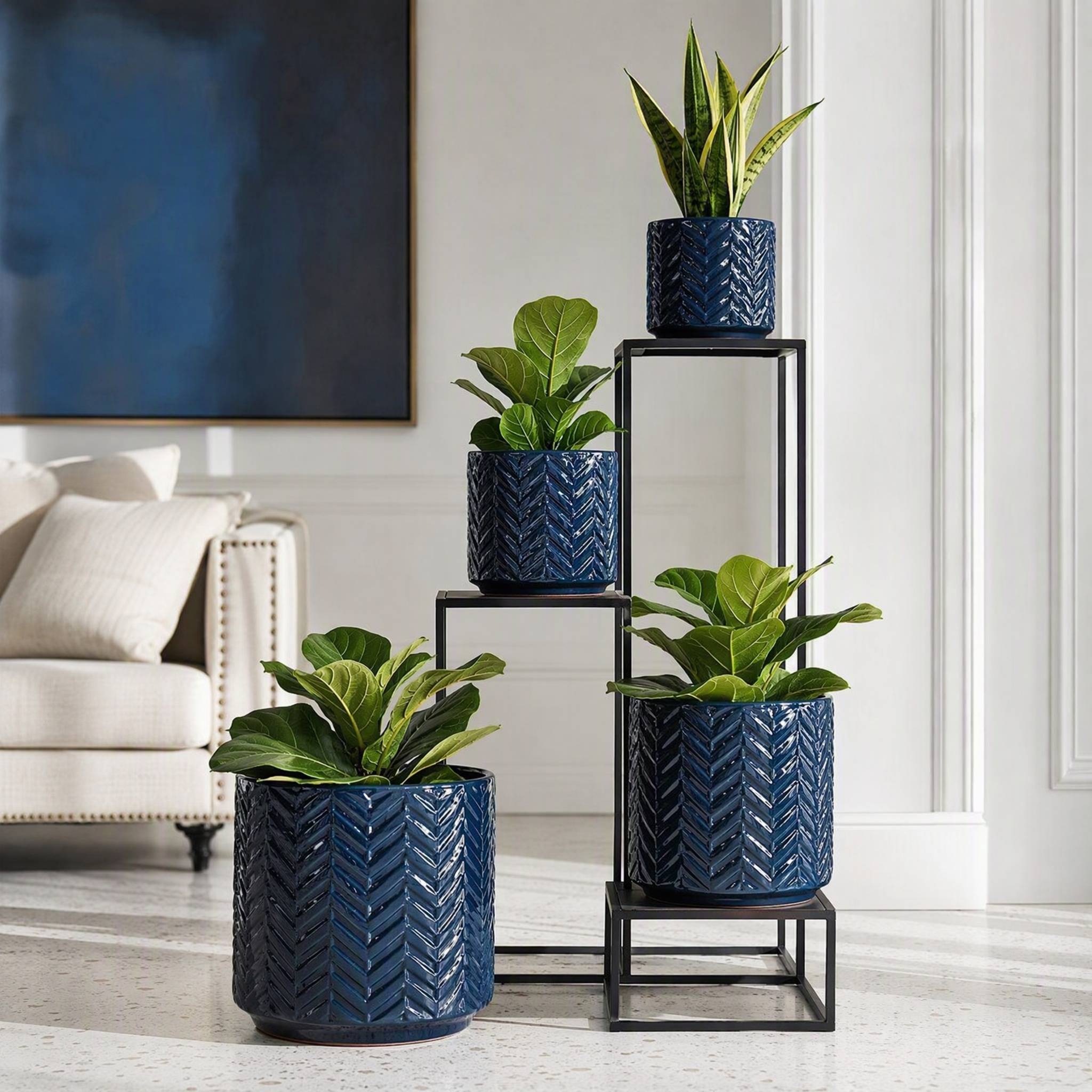 ComfortXL - Pot de fleurs en céramique bleu marine brillant Ø24 cm intérieur balcon jardin avec trou de drainage - Image 8