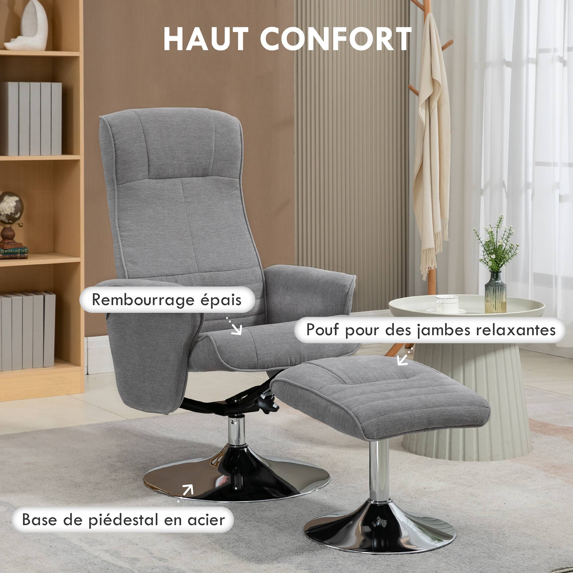 Sans Marque - Fauteuil relax inclinable 135° pivotant 360° avec repose-pieds revêtement tissu gris - Image 8