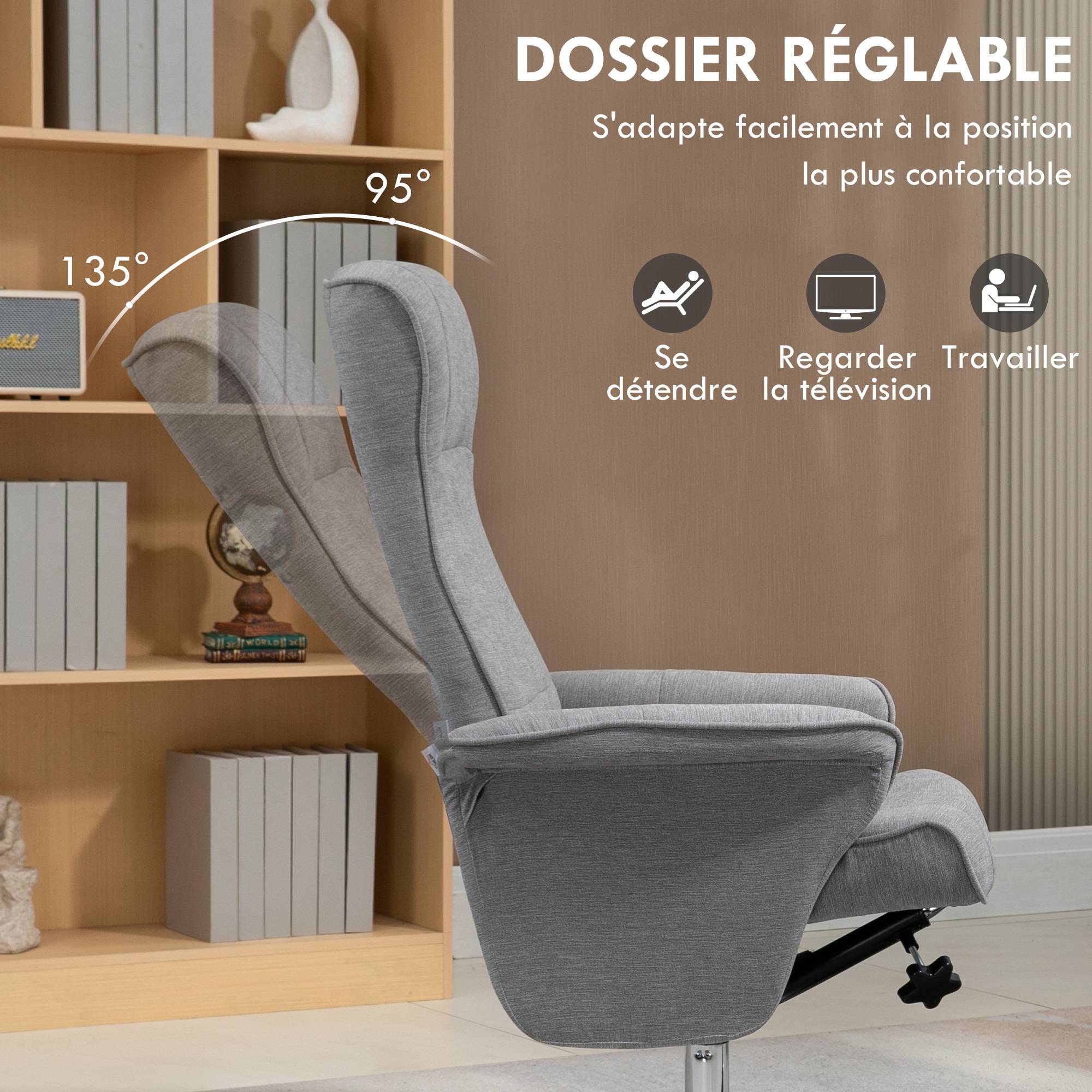 Sans Marque - Fauteuil relax inclinable 135° pivotant 360° avec repose-pieds revêtement tissu gris - Image 6