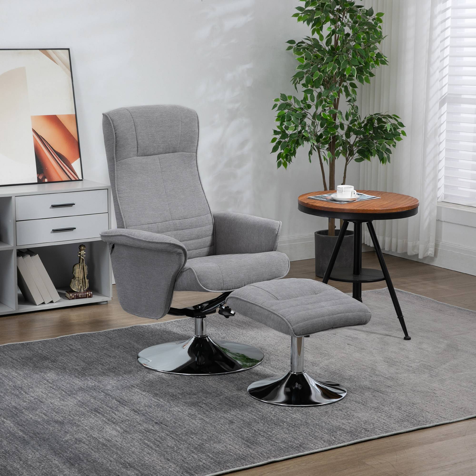 Sans Marque - Fauteuil relax inclinable 135° pivotant 360° avec repose-pieds revêtement tissu gris - Image 3