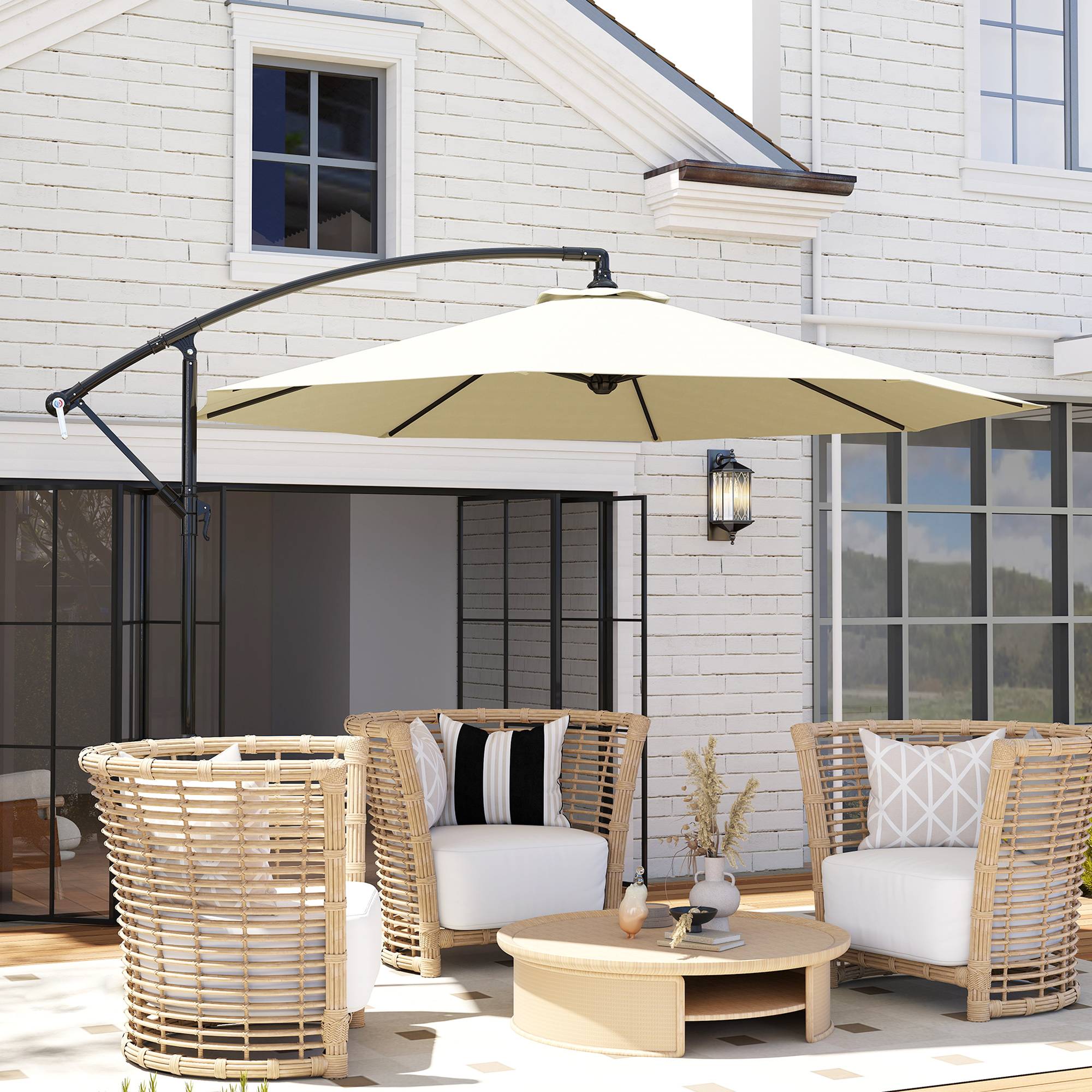 Parasol de jardin décentré avec pied en croix inclus, métal et polyester, 3 x 2,5 m, beige - Image 3