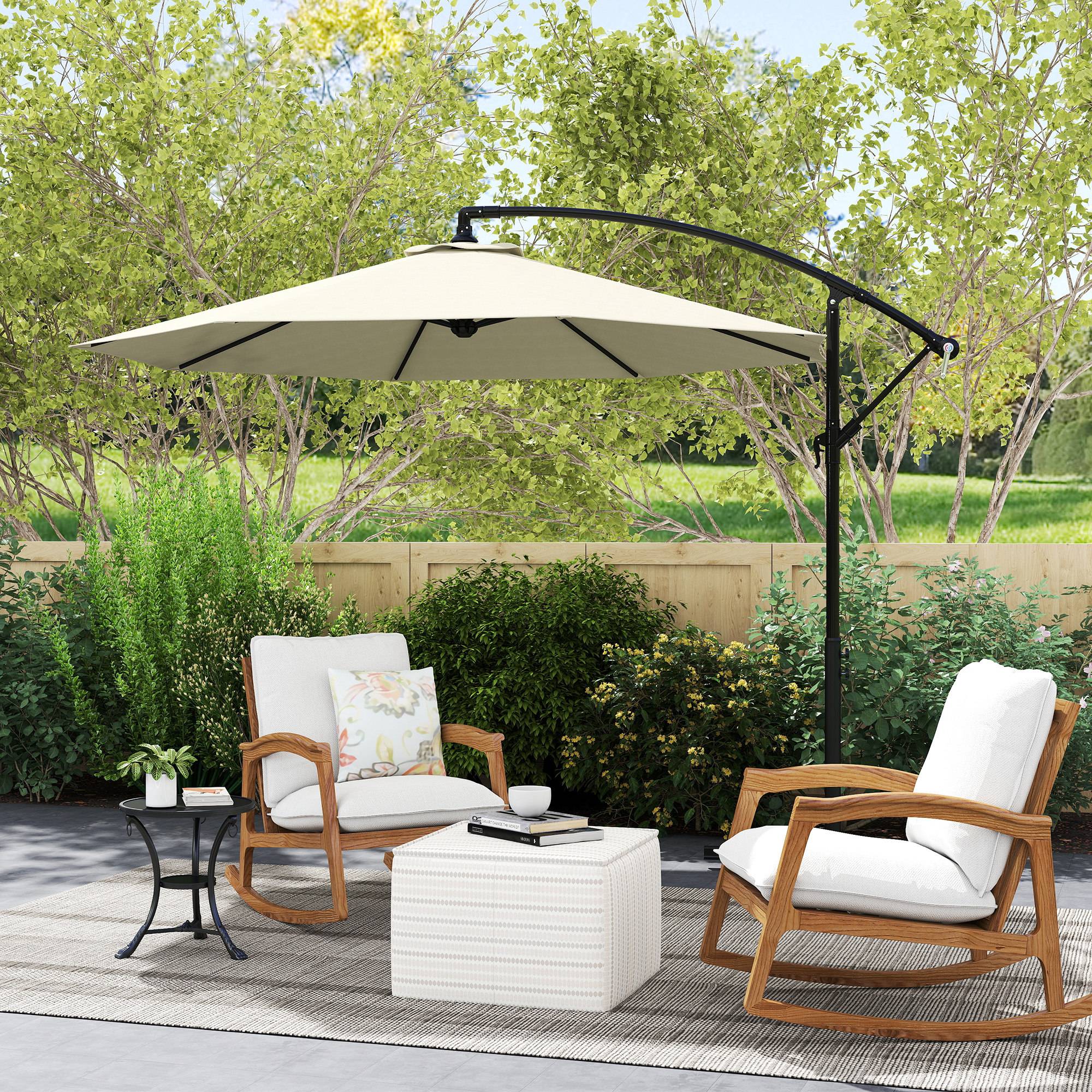 Parasol de jardin décentré avec pied en croix inclus, métal et polyester, 3 x 2,5 m, beige - Image 4
