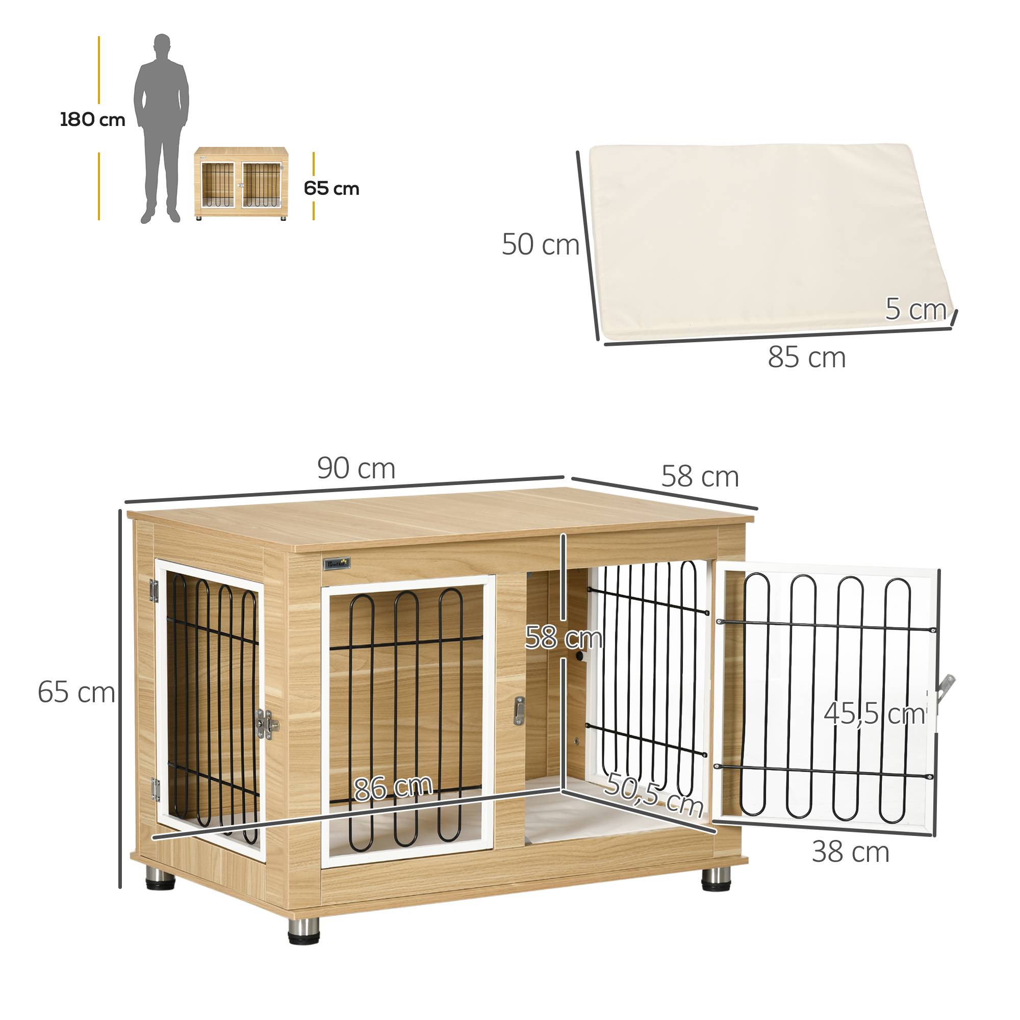 Sans Marque - Cage pour chien animaux cage de chien sur pied avec coussin amovible acier aspect bois 90 x 58 x 65 cm - Image 5