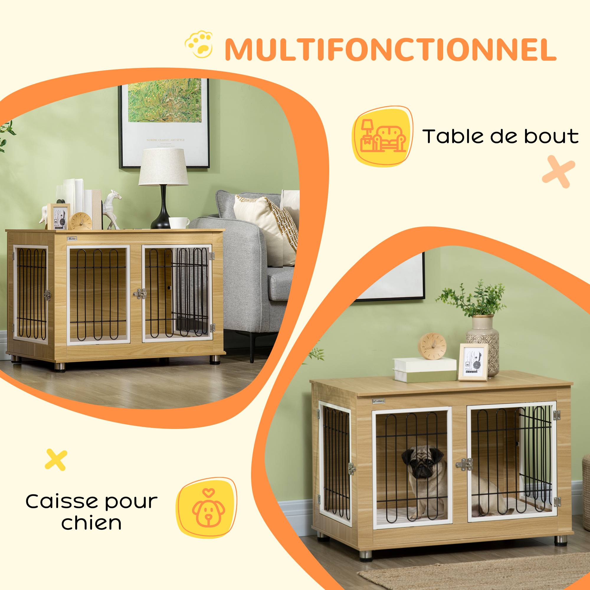 Sans Marque - Cage pour chien animaux cage de chien sur pied avec coussin amovible acier aspect bois 90 x 58 x 65 cm - Image 7