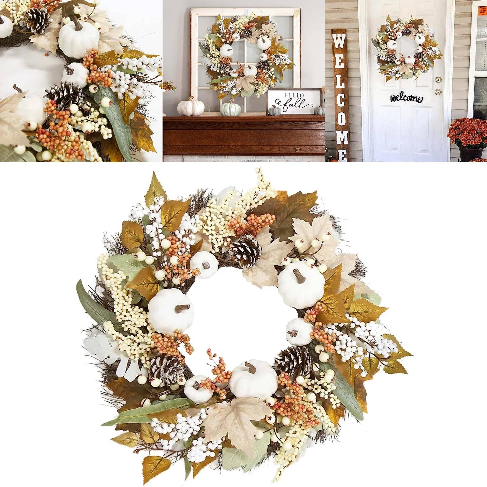 Couronne d'automne artificielle en citrouilles blanches, couronne de pommes de pin en feuilles d'érable,décoration pour Thanksgiving,Halloween et Noël - Image 4