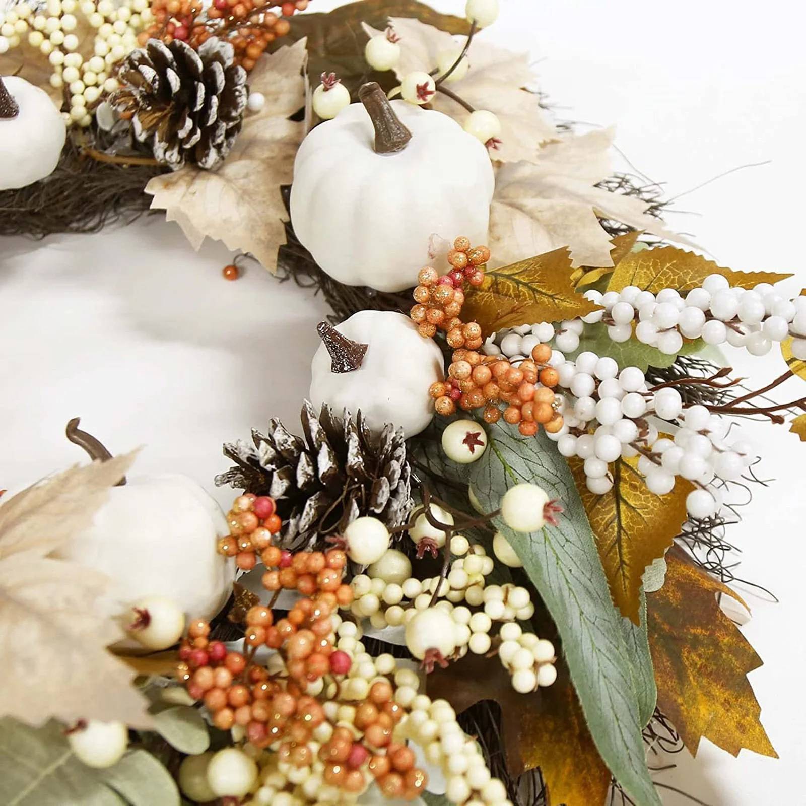 Couronne d'automne artificielle en citrouilles blanches, couronne de pommes de pin en feuilles d'érable,décoration pour Thanksgiving,Halloween et Noël - Image 5