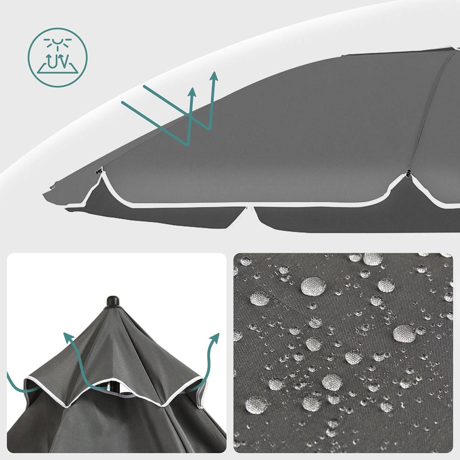 Helloshop26 - Parasol de jardin diamètre 2 m ombrelle protection UPF 50+ inclinable portable résistant au vent baleines en fibre de verre avec sac gris - Image 2